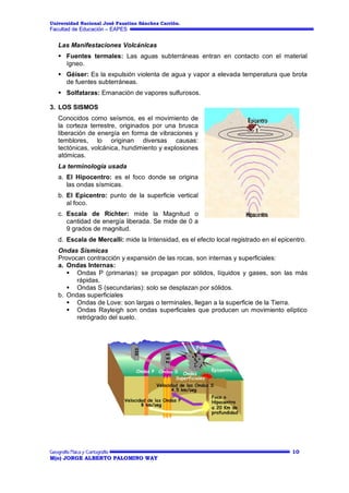 Universidad Nacional José Faustino Sánchez Carrión.

Facultad de Educación – EAPES

Las Manifestaciones Volcánicas
 Fuentes termales: Las aguas subterráneas entran en contacto con el material
ígneo.
 Géiser: Es la expulsión violenta de agua y vapor a elevada temperatura que brota
de fuentes subterráneas.
 Solfataras: Emanación de vapores sulfurosos.
3. LOS SISMOS
Conocidos como seísmos, es el movimiento de
la corteza terrestre, originados por una brusca
liberación de energía en forma de vibraciones y
temblores, lo originan diversas causas:
tectónicas, volcánica, hundimiento y explosiones
atómicas.
La terminología usada
a. El Hipocentro: es el foco donde se origina
las ondas sísmicas.
b. El Epicentro: punto de la superficie vertical
al foco.
c. Escala de Richter: mide la Magnitud o
cantidad de energía liberada. Se mide de 0 a
9 grados de magnitud.
d. Escala de Mercalli: mide la Intensidad, es el efecto local registrado en el epicentro.
Ondas Sísmicas
Provocan contracción y expansión de las rocas, son internas y superficiales:
a. Ondas Internas:
 Ondas P (primarias): se propagan por sólidos, líquidos y gases, son las más
rápidas.
 Ondas S (secundarias): solo se desplazan por sólidos.
b. Ondas superficiales
 Ondas de Love: son largas o terminales, llegan a la superficie de la Tierra.
 Ondas Rayleigh son ondas superficiales que producen un movimiento elíptico
retrógrado del suelo.

10
M(o) JORGE ALBERTO PALOMINO WAY

 