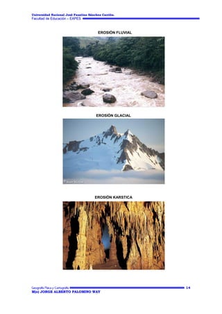 Universidad Nacional José Faustino Sánchez Carrión.

Facultad de Educación – EAPES

EROSIÓN FLUVIAL
EROSIÓN FLUVIAL

EROSIÓN GLACIAL

EROSIÓN KARSTICA

14
M(o) JORGE ALBERTO PALOMINO WAY

 