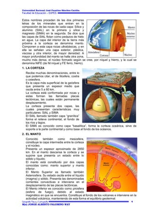 Universidad Nacional José Faustino Sánchez Carrión.

Facultad de Educación – EAPES

Estos nombres proceden de las dos primeras
letras de los minerales que entran en la
composición de las rocas de cada capa: Sílice y
aluminio (SIAL) en la primera y sílice y
magnesio (SIMA) en la segunda. Se dice que
las capas de SIAL flotan como pedazos de hielo
en agua. La capa del interior de la tierra más
próxima a la corteza se denomina manto.
Componen a esta capa rocas ultrabásicas, y en
ella se señalan una capa exterior, plástica,
viscosa y otra interior, de mayor densidad. A
mayor profundidad del manto se halla otra zona,
mucho más densa, el núcleo formado según se cree, por níquel y hierro, y la cual se
denomina NIFE (de NI níquel y FE ferro, hierro).
1. LA CORTEZA
Recibe muchas denominaciones, entre lo
que podemos citar, el de litosfera, costra
o oxiesfera.
Es la capa más superficial de la geósfera
que presenta un espesor medio que
oscila entre 5 a 60 km.
La corteza está conformada por rocas y
estas forman las llamadas placas
tectónicas, las cuales están permanente
desplazamiento.
La corteza presenta dos capas, las
cuales presentan características muy
particulares: SIAL y SIMA
El SIAL llamado también capa “granítica”
forma el relieve continental, el fondo de
los ríos y lagos.
El SIMA es conocido como capa “basalítica”, forma la corteza oceánica, sirve de
soporte a la parte continental y como base al fondo de los océanos.
2. EL MANTO
Conocido
también
como
mesosfera,
constituye la capa intermedia entre la corteza
y el núcleo.
Presenta un espesor aproximado de 2850
km. En el manto descansa la corteza y se
supone que presenta un estado entre lo
sólido y líquido.
El manto está constituido por dos capas
conocidas como: manto superior y manto
inferior.
El Manto Superior es llamado también
Astenosfera. Su estado oscila entre el líquido
(magma) y sólido. Presenta las denominadas
corrientes convectivas e interviene en el
desplazamiento de las placas tectónicas.
El Manto inferior es conocido como pirosfera
(esfera de fuego), debido al estado
magmático en que se encuentra. Constituye el fondo de los volcanes e interviene en la
actividad volcánica, manteniendo de esta forma el equilibrio geotermal.
4
M(o) JORGE ALBERTO PALOMINO WAY

 