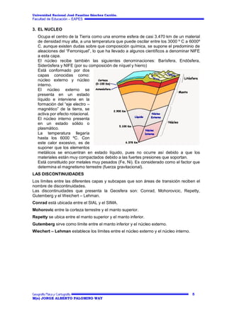Universidad Nacional José Faustino Sánchez Carrión.

Facultad de Educación – EAPES

3. EL NUCLEO
Ocupa el centro de la Tierra como una enorme esfera de casi 3.470 km de un material
de densidad muy alta, a una temperatura que puede oscilar entre los 3000 º C a 6000º
C. aunque existen dudas sobre que composición química, se supone el predominio de
aleaciones del “Ferroniquel”, lo que ha llevado a algunos científicos a denominar NIFE
a esta capa.
El núcleo recibe también las siguientes denominaciones: Barísfera, Endósfera,
Siderósfera y NIFE (por su composición de níquel y hierro)
Está conformado por dos
capas conocidas como:
núcleo externo y núcleo
interno.
El núcleo externo se
presenta en un estado
líquido e interviene en la
formación del “eje electro –
magnético” de la tierra, se
activa por efecto rotacional.
El núcleo interno presenta
en un estado sólido o
plasmático.
La temperatura llegaría
hasta los 6000 ºC. Con
este calor excesivo, es de
suponer que los elementos
metálicos se encuentran en estado líquido, pues no ocurre así debido a que los
materiales están muy compactados debido a las fuertes presiones que soportan.
Está constituido por metales muy pesados (Fe, Ni). Es considerado como el factor que
determina el magnetismo terrestre (fuerza gravitacional).
LAS DISCONTINUIDADES
Los límites entre las diferentes capas y subcapas que son áreas de transición reciben el
nombre de discontinuidades.
Las discontinuidades que presenta la Geosfera son: Conrad, Mohorovicic, Repetty,
Gutemberg y el Weichert – Lehman.
Conrad está ubicada entre el SIAL y el SIMA.
Mohorovic entre la corteza terrestre y el manto superior.
Repetty se ubica entre el manto superior y el manto inferior.
Gutemberg sirve como límite entre el manto inferior y el núcleo externo.
Wiechert – Lehman establece los límites entre el núcleo externo y el núcleo interno.

5
M(o) JORGE ALBERTO PALOMINO WAY

 