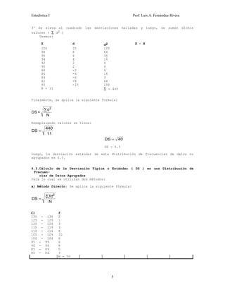 Estadística I Prof: Luis A. Fernández Rivera 
3º Se eleva al cuadrado las desviaciones halladas y luego, se suman dichos 
valores ( å d2 ) 
Veamos: 
X d d2 X - X 
100 
10 
100 
98 
8 
64 
96 
6 
36 
94 
4 
16 
92 
2 
4 
90 
2 
4 
88 
-2 
4 
86 
-4 
16 
84 
-6 
3 
82 
-8 
64 
80 
-10 
100 
N = 11 å = 440 
Finalmente, se aplica la siguiente formula: 
å 2 
DS = d 
N 
Reemplazando valores se tiene: 
DS = 440 
11 
DS = 40 
DS = 6.3 
Luego, la desviación estándar de esta distribución de frecuencias de datos no 
agrupados es 6.3. 
6.3.Cálculo de la Desviación Típica o Estándar ( DS ) en una Distribución de 
Frecuen-cias 
de Datos Agrupados 
Para lo cual se utilizan dos métodos: 
a) Método Directo: Se aplica la siguiente fórmula: 
= å 2 
DS fd 
N 
Cl f 
130 - 134 
125 - 129 
120 - 124 
115 - 119 
110 - 114 
105 - 109 
100 - 104 
95 - 99 
90 - 94 
85 - 89 
80 - 84 
2 
1 
3 
3 
8 
10 
6 
6 
8 
0 
3 
N = 50 
5 
 