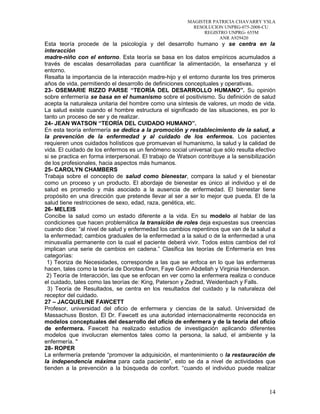 MAGISTER PATRICIA CHAVARRY YSLA
RESOLUCION UNPRG-075-2008-CU
REGISTRO UNPRG- 655M
ANR A929420
Esta teoría procede de la psicología y del desarrollo humano y se centra en la
interacción
madre-niño con el entorno. Esta teoría se basa en los datos empíricos acumulados a
través de escalas desarrolladas para cuantificar la alimentación, la enseñanza y el
entorno.
Resalta la importancia de la interacción madre-hijo y el entorno durante los tres primeros
años de vida, permitiendo el desarrollo de definiciones conceptuales y operativas.
23- OSEMARIE RIZZO PARSE “TEORÍA DEL DESARROLLO HUMANO”. Su opinión
sobre enfermería se basa en el humanismo sobre el positivismo. Su definición de salud
acepta la naturaleza unitaria del hombre como una síntesis de valores, un modo de vida.
La salud existe cuando el hombre estructura el significado de las situaciones, es por lo
tanto un proceso de ser y de realizar.
24- JEAN WATSON “TEORÍA DEL CUIDADO HUMANO”.
En esta teoría enfermería se dedica a la promoción y restablecimiento de la salud, a
la prevención de la enfermedad y al cuidado de los enfermos. Los pacientes
requieren unos cuidados holísticos que promuevan el humanismo, la salud y la calidad de
vida. El cuidado de los enfermos es un fenómeno social universal que sólo resulta efectivo
si se practica en forma interpersonal. El trabajo de Watson contribuye a la sensibilización
de los profesionales, hacia aspectos más humanos.
25- CAROLYN CHAMBERS
Trabaja sobre el concepto de salud como bienestar, compara la salud y el bienestar
como un proceso y un producto. El abordaje de bienestar es único al individuo y el de
salud es promedio y más asociado a la ausencia de enfermedad. El bienestar tiene
propósito en una dirección que pretende llevar al ser a ser lo mejor que pueda. El de la
salud tiene restricciones de sexo, edad, raza, genética, etc.
26- MELEIS
Concibe la salud como un estado diferente a la vida. En su modelo al hablar de las
condiciones que hacen problemática la transición de roles deja expuestas sus creencias
cuando dice: “al nivel de salud y enfermedad los cambios repentinos que van de la salud a
la enfermedad; cambios graduales de la enfermedad a la salud o de la enfermedad a una
minusvalía permanente con la cual el paciente deberá vivir. Todos estos cambios del rol
implican una serie de cambios en cadena.” Clasifica las teorías de Enfermería en tres
categorías:
1) Teoriza de Necesidades, corresponde a las que se enfoca en lo que las enfermeras
hacen, tales como la teoría de Dorotea Oren, Faye Genn Abdellah y Virginia Henderson.
2) Teoría de Interacción, las que se enfocan en ver como la enfermera realiza o conduce
el cuidado, tales como las teorías de: King, Paterson y Zedrad, Weidenbach y Falls.
3) Teoría de Resultados, se centra en los resultados del cuidado y la naturaleza del
receptor del cuidado.
27 – JACQUELINE FAWCETT
Profesor, universidad del oficio de enfermera y ciencias de la salud. Universidad de
Massachuss Boston. El Dr. Fawcett es una autoridad internacionalmente reconocida en
modelos conceptuales del desarrollo del oficio de enfermera y de la teoría del oficio
de enfermera. Fawcett ha realizado estudios de investigación aplicando diferentes
modelos que involucran elementos tales como la persona, la salud, el ambiente y la
enfermería. "
28- ROPER
La enfermería pretende “promover la adquisición, el mantenimiento o la restauración de
la independencia máxima para cada paciente”, esto se da a nivel de actividades que
tienden a la prevención a la búsqueda de confort. “cuando el individuo puede realizar
14
 