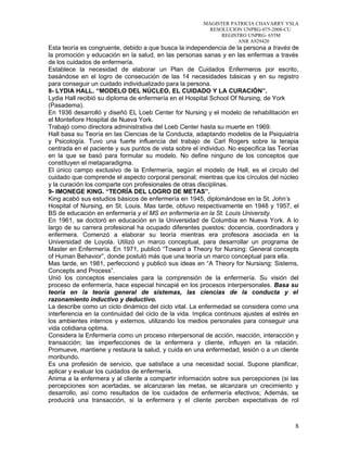 MAGISTER PATRICIA CHAVARRY YSLA
RESOLUCION UNPRG-075-2008-CU
REGISTRO UNPRG- 655M
ANR A929420
Esta teoría es congruente, debido a que busca la independencia de la persona a través de
la promoción y educación en la salud, en las personas sanas y en las enfermas a través
de los cuidados de enfermería.
Establece la necesidad de elaborar un Plan de Cuidados Enfermeros por escrito,
basándose en el logro de consecución de las 14 necesidades básicas y en su registro
para conseguir un cuidado individualizado para la persona.
8- LYDIA HALL. “MODELO DEL NÚCLEO, EL CUIDADO Y LA CURACIÓN”.
Lydia Hall recibió su diploma de enfermería en el Hospital School Of Nursing, de York
(Pasadema).
En 1936 desarrolló y diseñó EL Loeb Center for Nursing y el modelo de rehabilitación en
el Montefiore Hospital de Nueva York.
Trabajó como directora administrativa del Loeb Center hasta su muerte en 1969.
Hall basa su Teoría en las Ciencias de la Conducta, adaptando modelos de la Psiquiatría
y Psicología. Tuvo una fuerte influencia del trabajo de Carl Rogers sobre la terapia
centrada en el paciente y sus puntos de vista sobre el individuo. No especifica las Teorías
en la que se basó para formular su modelo. No define ninguno de los conceptos que
constituyen el metaparadigma.
El único campo exclusivo de la Enfermería, según el modelo de Hall, es el circulo del
cuidado que comprende el aspecto corporal personal; mientras que los círculos del núcleo
y la curación los comparte con profesionales de otras disciplinas.
9- IMONEGE KING. “TEORÍA DEL LOGRO DE METAS”.
King acabó sus estudios básicos de enfermería en 1945, diplomándose en la St. John’s
Hospital of Nursing, en St. Louis. Mas tarde, obtuvo respectivamente en 1948 y 1957, el
BS de educación en enfermería y el MS en enfermería en la St. Louis University.
En 1961, se doctoró en educación en la Universidad de Columbia en Nueva York. A lo
largo de su carrera profesional ha ocupado diferentes puestos: docencia, coordinadora y
enfermera. Comenzó a elaborar su teoría mientras era profesora asociada en la
Universidad de Loyola. Utilizó un marco conceptual, para desarrollar un programa de
Master en Enfermería. En 1971, publicó “Toward a Theory for Nursing: General concepts
of Human Behavior”, donde postuló más que una teoría un marco conceptual para ella.
Mas tarde, en 1981, perfeccionó y publicó sus ideas en “A Theory for Nursisng: Sistems,
Concepts and Process”.
Unió los conceptos esenciales para la comprensión de la enfermería. Su visión del
proceso de enfermería, hace especial hincapié en los procesos interpersonales. Basa su
teoría en la teoría general de sistemas, las ciencias de la conducta y el
razonamiento inductivo y deductivo.
La describe como un ciclo dinámico del ciclo vital. La enfermedad se considera como una
interferencia en la continuidad del ciclo de la vida. Implica continuos ajustes al estrés en
los ambientes internos y externos, utilizando los medios personales para conseguir una
vida cotidiana optima.
Considera la Enfermería como un proceso interpersonal de acción, reacción, interacción y
transacción; las imperfecciones de la enfermera y cliente, influyen en la relación.
Promueve, mantiene y restaura la salud, y cuida en una enfermedad, lesión o a un cliente
moribundo.
Es una profesión de servicio, que satisface a una necesidad social. Supone planificar,
aplicar y evaluar los cuidados de enfermería.
Anima a la enfermera y al cliente a compartir información sobre sus percepciones (si las
percepciones son acertadas, se alcanzaran las metas, se alcanzara un crecimiento y
desarrollo, así como resultados de los cuidados de enfermería efectivos; Además, se
producirá una transacción, si la enfermera y el cliente perciben expectativas de rol
8
 