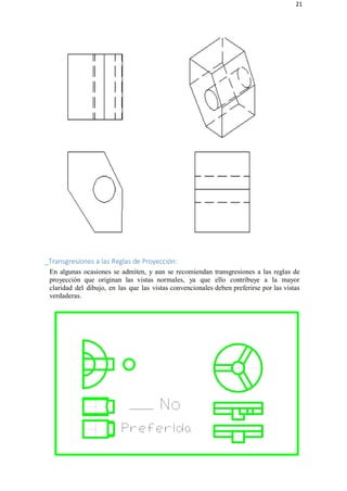 21
_Transgresiones a las Reglas de Proyección:
En algunas ocasiones se admiten, y aun se recomiendan transgresiones a las reglas de
proyección que originan las vistas normales, ya que ello contribuye a la mayor
claridad del dibujo, en las que las vistas convencionales deben preferirse por las vistas
verdaderas.
 