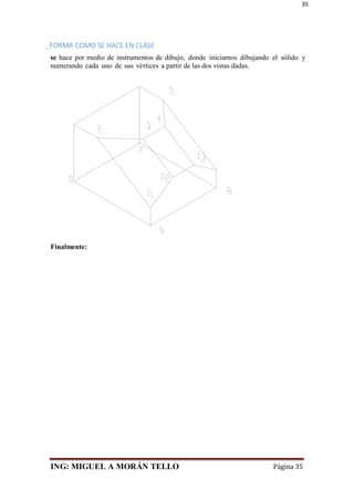 ING: MIGUEL A MORÁN TELLO Página 35
35
_FORMA COMO SE HACE EN CLASE
se hace por medio de instrumentos de dibujo, donde iniciamos dibujando el sólido y
numerando cada uno de sus vértices a partir de las dos vistas dadas.
Finalmente:
 