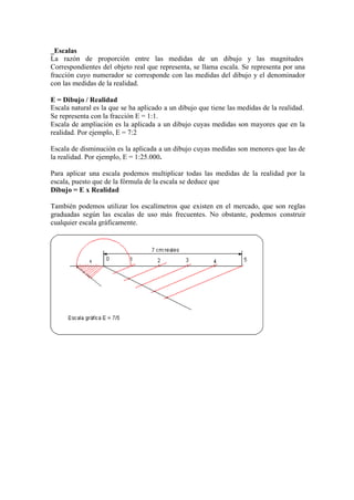 _Escalas
La razón de proporción entre las medidas de un dibujo y las magnitudes
Correspondientes del objeto real que representa, se llama escala. Se representa por una
fracción cuyo numerador se corresponde con las medidas del dibujo y el denominador
con las medidas de la realidad.
E = Dibujo / Realidad
Escala natural es la que se ha aplicado a un dibujo que tiene las medidas de la realidad.
Se representa con la fracción E = 1:1.
Escala de ampliación es la aplicada a un dibujo cuyas medidas son mayores que en la
realidad. Por ejemplo, E = 7:2
Escala de disminución es la aplicada a un dibujo cuyas medidas son menores que las de
la realidad. Por ejemplo, E = 1:25.000.
Para aplicar una escala podemos multiplicar todas las medidas de la realidad por la
escala, puesto que de la fórmula de la escala se deduce que
Dibujo = E x Realidad
También podemos utilizar los escalímetros que existen en el mercado, que son reglas
graduadas según las escalas de uso más frecuentes. No obstante, podemos construir
cualquier escala gráficamente.
 