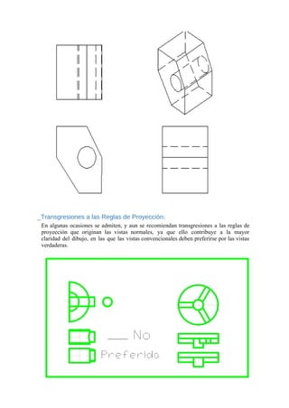 _Transgresiones a las Reglas de Proyección:
En algunas ocasiones se admiten, y aun se recomiendan transgresiones a las reglas de
proyección que originan las vistas normales, ya que ello contribuye a la mayor
claridad del dibujo, en las que las vistas convencionales deben preferirse por las vistas
verdaderas.
 