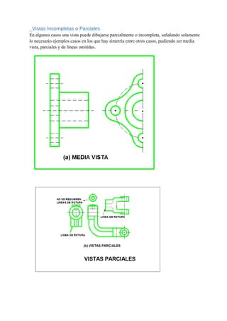 _Vistas Incompletas o Parciales
En algunos casos una vista puede dibujarse parcialmente o incompleta, señalando solamente
lo necesario ejemplos casos en los que hay simetría entre otros casos, pudiendo ser media
vista, parciales y de líneas omitidas.
 