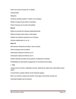 Imitar con la boca el paso de un caballo.

Campanadas.

Gárgaras.

Vibración del labio superior e inferior con la lengua.

Doblar la lengua hacia arriba e impulsarla.

Pasar la lengua por el centro del paladar.

Nivel 9

Doblar los bordes de la lengua longitudinalmente.

Doblar la lengua hacia arriba y hacia abajo-

Golpear los alvéolos superiores con la lengua.

Articular rápidamente: la, la, la...

Nivel 10

Movimientos vibratorios de labios, tórax y brazos.

Vibrar la lengua entre los labios.

Articulación rápida de sínfones con /l/.

Articulación rápida de sínfones con /r/.

Hablar metiendo los labios hacia adentro, enseñando los dientes.

Posibilidades de articulación exagerando el movimento de los labios.

 Voz

Juegos de los rincones: cualidades sonoras: rápido-lento, largo-corto, fuerte-débil, grave-
agudo.

La locomotora: parada (retener el aire haciendo ppppp)

Mimo con sonidos: máquina de escribir, tocar algún instrumento musical, etc.

Intensidad dirigida (uso de pizarra).




Mg. Lita Jimenez López                                                            Página 12
 