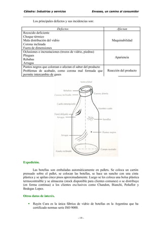 Cátedra: Industrias y servicios Envases, un camino al consumidor
- 19 -
Los principales defectos y sus incidencias son:
Defectos Afectan
Recocido deficiente
Choque térmico
Mala distribución del vidrio
Corona inclinada
Fuera de dimensiones
Maquinabilidad
Oclusiones o incrustaciones (trozos de vidrio, piedras)
Pliegues
Rebabas
Arrugas
Apariencia
Puntos negros que colorean o afectan el sabor del producto
Problemas de acabado, como corona mal formada que
permite intercambio de gases
Reacción del producto
Expedición.
Las botellas son embaladas automáticamente en pallets. Se coloca un cartón
prensado sobre el pallet, se colocan las botellas, se hace un suncho con una cinta
plástica y se apilan cinco pisos aproximadamente. Luego se les coloca una bolsa plástica
termocontraíble y se almacena (stock disponible para clientes comunes) o se distribuye
(en forma continua) a los clientes exclusivos como Chandon, Bianchi, Peñaflor y
Bodegas Lopez.
Otros datos de interés.
• Rayén Cura es la única fábrica de vidrio de botellas en la Argentina que ha
certificado normas serie ISO 9000.
 