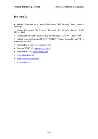 Cátedra: Industrias y servicios Envases, un camino al consumidor
- 29 -
Bibliografía
♦ Revista Énfasis, edición Nº 04 setiembre/octubre 2002. Artículo: “Sobre Envases y
Embalajes”.
♦ Vidales Giovannetti, Ma Dolores. “El mundo del Envase”, ediciones G.Gili,
México, 1995.
♦ Boletín del CITENEM. “Sustitución de Importaciones”, año 3, Nº 8 , agosto 2003.
♦ Boletín Técnico Informativo Nº19. CIT-COTEC. “Envases descartables de PET vs.
Retornables de vidrio”
♦ Empresa Rayen Cura. www.rayencura.com
♦ Empresa SITEC S.A. www.sitecsa.com.ar
♦ Empresa FeCoVitA www.fecovita.com
♦ www.tetrapak.com.ar
♦ www.cartonbebidas.com.ar
♦ www.ulade.com
 