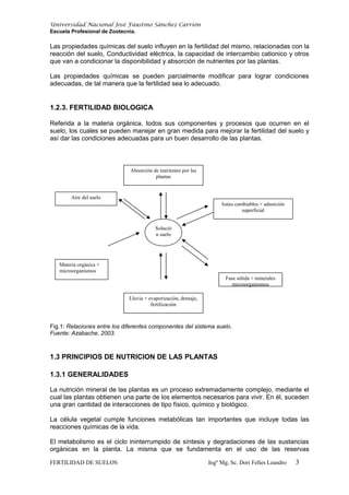 Universidad Nacional José Faustino Sánchez Carrión
Escuela Profesional de Zootecnia.
Las propiedades químicas del suelo influyen en la fertilidad del mismo, relacionadas con la
reacción del suelo, Conductividad eléctrica, la capacidad de intercambio cationico y otros
que van a condicionar la disponibilidad y absorción de nutrientes por las plantas.
Las propiedades químicas se pueden parcialmente modificar para lograr condiciones
adecuadas, de tal manera que la fertilidad sea lo adecuado.
1.2.3. FERTILIDAD BIOLOGICA
Referida a la materia orgánica, todos sus componentes y procesos que ocurren en el
suelo, los cuales se pueden manejar en gran medida para mejorar la fertilidad del suelo y
así dar las condiciones adecuadas para un buen desarrollo de las plantas.
Fig.1: Relaciones entre los diferentes componentes del sistema suelo.
Fuente: Azabache, 2003.
1.3 PRINCIPIOS DE NUTRICION DE LAS PLANTAS
1.3.1 GENERALIDADES
La nutrición mineral de las plantas es un proceso extremadamente complejo, mediante el
cual las plantas obtienen una parte de los elementos necesarios para vivir. En él, suceden
una gran cantidad de interacciones de tipo físico, químico y biológico.
La célula vegetal cumple funciones metabólicas tan importantes que incluye todas las
reacciones químicas de la vida.
El metabolismo es el ciclo ininterrumpido de síntesis y degradaciones de las sustancias
orgánicas en la planta. La misma que se fundamenta en el uso de las reservas
FERTILIDAD DE SUELOS Ingº Mg, Sc. Dori Felles Leandro 3
Solució
n suelo
Absorción de nutrientes por las
plantas
Iones cambiables + adsorción
superficial
Lluvia + evaporización, drenaje,
fertilización
Materia orgánica +
microorganismos
Fase sólida + minerales
microorganismos
Aire del suelo
 