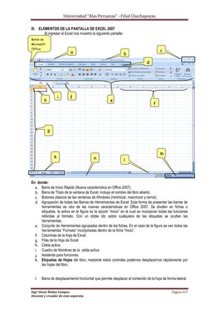 Universidad “Alas Peruanas” - Filial Chachapoyas
Ingº Oscar Ñañez Campos Página 127
Docente y creador de esta separata
III. ELEMENTOS DE LA PANTALLA DE EXCEL 2007
Al ingresar al Excel nos muestra la siguiente pantalla:
En donde:
a. Barra de Inicio Rápido (Nueva característica en Office 2007).
b. Barra de Título de la ventana de Excel, incluye el nombre del libro abierto.
c. Botones clásicos de las ventanas de Windows (minimizar, maximizar y cerrar).
d. Agrupación de todas las Barras de Herramientas de Excel. Esta forma de presentar las barras de
herramientas es otra de las nuevas características en Office 2007. Se dividen en fichas o
etiquetas, la activa en la figura es la opción “Inicio” en la cual se incorporan todas las funciones
referidas al formato. Con un doble clic sobre cualquiera de las etiquetas se ocultan las
herramientas.
e. Conjunto de Herramientas agrupadas dentro de las fichas. En el caso de la figura se ven todas las
herramientas “Formato” incorporadas dentro de la ficha “Inicio”.
f. Columnas de la hoja de Excel.
g. Filas de la Hoja de Excel.
h. Celda activa.
i. Cuadro de Nombres de la celda activa
j. Asistente para funciones.
k. Etiquetas de Hojas del libro, mediante estos controles podemos desplazarnos rápidamente por
las hojas del libro.
l. Barra de desplazamiento horizontal que permite desplazar el contenido de la hoja de forma lateral.
a
.
b
.
c
.
d
.
eh
.
i j
f
.
g
.
k
.
n
.
l
m
Botón de
Microsoft
Office
 