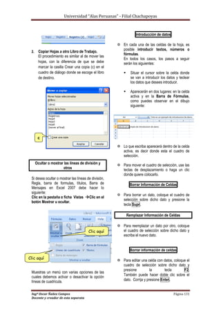 Universidad “Alas Peruanas” - Filial Chachapoyas
Ingº Oscar Ñañez Campos Página 131
Docente y creador de esta separata
2. Copiar Hojas a otro Libro de Trabajo.
El procedimiento es similar al de mover las
hojas, con la diferencia de que se debe
marcar la casilla Crear una copia (c) en el
cuadro de diálogo donde se escoge el libro
de destino.
Ocultar o mostrar las líneas de división y
otros
Si desea ocultar o mostrar las líneas de división,
Regla, barra de formulas, títulos, Barra de
Mensajes en Excel 2007 debe hacer lo
siguiente:
Clic en la pestaña o ficha Vistas Clic en el
botón Mostrar u ocultar.
Muestras un menú con varias opciones de las
cuales debemos activar o desactivar la opción
líneas de cuadricula.
Introducción de datos
 En cada una de las celdas de la hoja, es
posible introducir textos, números o
fórmulas.
En todos los casos, los pasos a seguir
serán los siguientes:
 Situar el cursor sobre la celda donde
se van a introducir los datos y teclear
los datos que desees introducir.
 Aparecerán en dos lugares: en la celda
activa y en la Barra de Fórmulas,
como puedes observar en el dibujo
siguiente:
 Lo que escriba aparecerá dentro de la celda
activa, es decir donde esta el cuadro de
selección.
 Para mover el cuadro de selección, use las
teclas de desplazamiento o haga un clic
donde quiere colocarlo.
Borrar Información de Celdas
 Para borrar un dato, coloque el cuadro de
selección sobre dicho dato y presione la
tecla Supr.
Remplazar Información de Celdas
 Para reemplazar un dato por otro, coloque
el cuadro de selección sobre dicho dato y
escriba el nuevo dato.
Borrar información de celdas
 Para editar una celda con datos, coloque el
cuadro de selección sobre dicho dato y
presione la tecla F2.
También puede hacer doble clic sobre el
dato. Corrija y presione Enter.
c
Clic aquí
Clic aquí
 