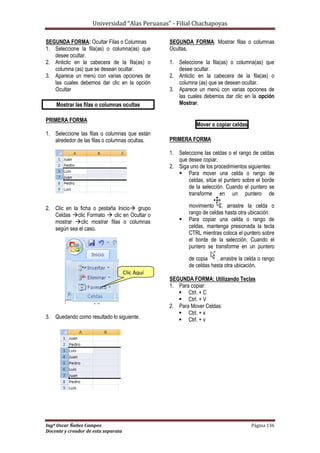 Universidad “Alas Peruanas” - Filial Chachapoyas
Ingº Oscar Ñañez Campos Página 136
Docente y creador de esta separata
SEGUNDA FORMA: Ocultar Filas o Columnas
1. Seleccione la fila(as) o columna(as) que
desee ocultar.
2. Anticlic en la cabecera de la fila(as) o
columna (as) que se desean ocultar.
3. Aparece un menú con varias opciones de
las cuales debemos dar clic en la opción
Ocultar
Mostrar las filas o columnas ocultas
PRIMERA FORMA
1. Seleccione las filas o columnas que están
alrededor de las filas o columnas ocultas.
2. Clic en la ficha o pestaña Inicio grupo
Celdas clic Formato  clic en Ocultar o
mostrar clic mostrar filas o columnas
según sea el caso.
3. Quedando como resultado lo siguiente.
SEGUNDA FORMA: Mostrar filas o columnas
Ocultas.
1. Seleccione la fila(as) o columna(as) que
desee ocultar.
2. Anticlic en la cabecera de la fila(as) o
columna (as) que se desean ocultar.
3. Aparece un menú con varias opciones de
las cuales debemos dar clic en la opción
Mostrar.
Mover o copiar celdas
PRIMERA FORMA
1. Seleccione las celdas o el rango de celdas
que desee copiar.
2. Siga uno de los procedimientos siguientes:
 Para mover una celda o rango de
celdas, sitúe el puntero sobre el borde
de la selección. Cuando el puntero se
transforme en un puntero de
movimiento , arrastre la celda o
rango de celdas hasta otra ubicación.
 Para copiar una celda o rango de
celdas, mantenga presionada la tecla
CTRL mientras coloca el puntero sobre
el borde de la selección. Cuando el
puntero se transforme en un puntero
de copia , arrastre la celda o rango
de celdas hasta otra ubicación.
SEGUNDA FORMA: Utilizando Teclas
1. Para copiar:
 Ctrl. + C
 Ctrl. + V
2. Para Mover Celdas:
 Ctrl. + x
 Ctrl. + v
Clic Aquí
 
