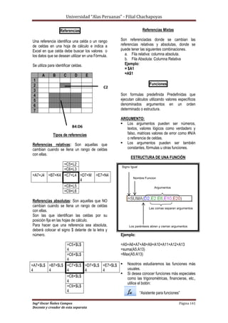 Universidad “Alas Peruanas” - Filial Chachapoyas
Ingº Oscar Ñañez Campos Página 141
Docente y creador de esta separata
Referencias
Una referencia identifica una celda o un rango
de celdas en una hoja de cálculo e indica a
Excel en que celda debe buscar los valores o
los datos que se desean utilizar en una Fórmula.
Se utiliza para identificar celdas.
A B C D E
1
2
3
4
5
6
7
Tipos de referencias
Referencias relativas: Son aquellas que
cambian cuando se llena un rango de celdas
con ellas.
=C5+L2
=C6+L3
=A7+J4 =B7+K4 =C7+L4 =D7+M
4
=E7+N4
=C8+L5
=C9+L6
Referencias absolutas: Son aquellas que NO
cambian cuando se llena un rango de celdas
con ellas.
Son las que identifican las celdas por su
posición fija en las hojas de cálculo.
Para hacer que una referencia sea absoluta,
deberá colocar el signo $ delante de la letra y
número.
=C5+$L$
4
=C6+$L$
4
=A7+$L$
4
=B7+$L$
4
=C7+$L$
4
=D7+$L$
4
=E7+$L$
4
=C8+$L$
4
=C9+$L$
4
Referencias Mixtas
Son referenciadas donde se cambian las
referencias relativas y absolutas, donde se
puede tener las siguientes combinaciones.
a. Fila relativa: columna absoluta.
b. Fila Absoluta: Columna Relativa
Ejemplo:
= $A1
=A$1
Funciones
Son formulas predefinida Predefinidas que
ejecutan cálculos utilizando valores específicos
denominados argumentos en un orden
determinado o estructura.
ARGUMENTO:
 Los argumentos pueden ser números,
textos, valores lógicos como verdadero y
falso, matrices valores de error como #N/A
o referencia de celdas.
 Los argumentos pueden ser también
constantes, fórmulas u otras funciones.
ESTRUCTURA DE UNA FUNCIÓN
Ejemplo:
=A5+A6+A7+A8+A9+A10+A11+A12+A13
=suma(A5:A13)
=Max(A5:A13)
 Nosotros estudiaremos las funciones más
usuales.
 Si desea conocer funciones más especiales
como las trigonométricas, financieras, etc.,
utilice el botón:
“Asistente para funciones”
C2
B4:D6
Signo Igual
Nombre Funcion
Argumentos
Los paréntesis abren y cierran argumentos
Las comas separan argumentos
 