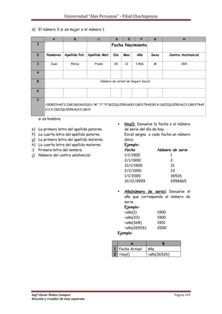 Universidad “Alas Peruanas” - Filial Chachapoyas
Ingº Oscar Ñañez Campos Página 149
Docente y creador de esta separata
d) El número 0 si es mujer o el número 1
si es hombre.
e) La primera letra del apellido paterno.
f) La cuarta letra del apellido paterno.
g) La primera letra del apellido materno.
h) La cuarta letra del apellido materno.
i) Primera letra del nombre.
j) Número del centro asistencial.
 Hoy(): Devuelve la fecha o el número
de serie del día de hoy.
Excel asigna a cada fecha un número
único.
Ejemplo:
Fecha Número de serie
1/1/1900 1
2/1/1900 2
31/1/1900 31
2/2/1900 33
1/1/2000 36526
31/12/9999 2958465
 Año(número de serie): Devuelve el
año que corresponde al número de
serie.
Ejemplo:
=año(1) 1900
=año(33) 1900
=año(368) 1901
=año(36526) 2000
Ejemplo:
A B
1 Fecha Actual Año
2 =hoy() =año(36526)
A B C D E F G H
1 Fecha Nacimiento
2 Nombres Apellido Pat. Apellido Mat. Día Mes Año Sexo Centro Asistencial
3 Juan Pérez Prado 28 12 1,966 M 004
4
5 Número de carnet de Seguro Social
6
7
=DERECHA(F3;2)&E3&D3&SI(G3="M";"1";"0")&IZQUIERDA(B3;1)&EXTRAE(B3;4;1)&IZQUIERDA(C3;1)&EXTRAE
(C3;4;1)&IZQUIERDA(A3;1)&H3
 