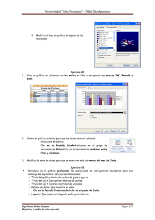 Universidad “Alas Peruanas” - Filial Chachapoyas
Ingº Oscar Ñañez Campos Página 157
Docente y creador de esta separata
4. Modifica el tipo de gráfico de alguno de los
realizados
Ejercicio 04
1. Crea un gráfico en columnas con las series en filas y escogiendo las marcas VW, Renault y
Seat.
2. Cambia el gráfico anterior para que las series sean en columnas.
Seleccione el gráfico.
Clic en la Pestaña Diseñoubicarse en el grupo de
herraminetas Datosclic en la herramienta combinar entre
Filas y columnas.
3. Modifica la serie de datos para que se muestren solo las ventas del mes de Junio.
Ejercicio 05
 Introduce en el gráfico grafcoches las operaciones de configuración necesarias para que
contenga los siguientes textos predeterminados:
o Título del gráfico Venta de coches de junio a agosto
o Título del eje X (categorías) Marcas de coches
o Título del eje Y (valores) Cantidad de unidades
o Rótulos de datos: Que muestre su valor.
Clic en la Pestaña Presentaciónclic en etiqueta de Datos.
o Leyenda: Que muestre la leyenda en la parte inferior.
 