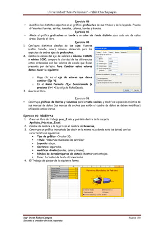 Universidad “Alas Peruanas” - Filial Chachapoyas
Ingº Oscar Ñañez Campos Página 158
Docente y creador de esta separata
Ejercicio 06
 Modifica los distintos aspectos en el gráfico grafcoches de sus títulos y de la leyenda. Prueba
diferentes fuentes, estilos, tamaños, colores, bordes y fondos.
Ejercicio 07
 Añade al gráfico grafcoches un borde y un color de fondo distinto para cada una de estas
áreas. Guarda el libro.
Ejercicio 08
1. Configura distintos diseños de los ejes: fuentes
(estilo, tamaño, color), número, alineación para los
aspectos de ambos ejes de grafcoches.
2. Cambia la escala del eje de valores a máximo 100000
y mínimo 1000; compara la claridad de las diferencias
entre ordenadas con los valores de escala que Excel
presenta por defecto. Para Cambiar estos valores
demos hacer lo siguiente:
o Haga clic en el eje de valores que desee
cambiar (Eje Y).
o En el Menú Formato /Eje Seleccionado (o
presione Ctrl +1) y elija la ficha Escala.
3. Guarda el libro.
Ejercicio 09
 Construye gráficos de Barras y Columnas para la tabla Coches, y modifica la posición relativa de
sus marcas de datos (las marcas de coches que están el cuadro de datos se deben modificar)
utilizando ambas vistas.
Ejercicio 10: RESERVAS
1. Crear un libro de trabajo prac_2.xls y guárdelo dentro de la carpeta
Apellidos_Prácticas_Excel.
2. Cambie de nombre a la hoja 1 con el nombre de Reservas,
3. Construye un gráfico incrustado (es decir en la misma hoja donde esta los datos) con las
características siguientes:
 Tipo de gráfico: Circular 3D,
 Título: "Reservas mundiales de petróleo"
 Leyenda: abajo,
 Sectores: separados,
 modificar diseño (bordes, color y trama).
 Rótulos de datos(etiquetas de datos): Mostrar porcentajes.
 Poner formatos de texto diferenciados.
4. El Trabajo de quedar de la siguiente forma
 