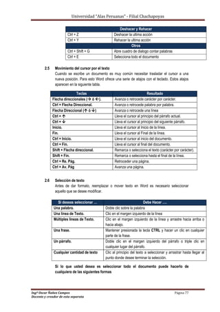 Universidad “Alas Peruanas” - Filial Chachapoyas
Ingº Oscar Ñañez Campos Página 77
Docente y creador de esta separata
2.5 Movimiento del cursor por el texto
Cuando se escribe un documento es muy común necesitar trasladar el cursor a una
nueva posición. Para esto Word ofrece una serie de atajos con el teclado. Estos atajos
aparecen en la siguiente tabla.
2.6 Selección de texto
Antes de dar formato, reemplazar o mover texto en Word es necesario seleccionar
aquello que se desee modificar.
Si lo que usted desea es seleccionar todo el documento puede hacerlo de
cualquiera de las siguientes formas
Deshacer y Rehacer
Ctrl + Z Deshacer la ultima acción
Ctrl + Y Rehacer la ultima acción
Otros
Ctrl + Shift + G Abre cuadro de dialogo contar palabras
Ctrl + E Selecciona todo el documento
Teclas Resultado
Flecha direccionales ( ó ). Avanza o retrocede carácter por carácter.
Ctrl + Flecha Direccional. Avanza o retrocede palabra por palabra.
Flecha Direccional ( ó ) Avanza o retrocede una línea
Ctrl +  Lleva el cursor al principio del párrafo actual.
Ctrl +  Lleva el cursor al principio del siguiente párrafo.
Inicio. Lleva el cursor al Inicio de la línea.
Fin. Lleva el cursor al Final de la línea.
Ctrl + Inicio. Lleva el cursor al inicio del documento.
Ctrl + Fin. Lleva el cursor al final del documento.
Shift + Flecha direccional. Remarca o selecciona el texto (carácter por carácter).
Shift + Fin. Remarca o selecciona hasta el final de la línea.
Ctrl + Re. Pág. Retroceder una página.
Ctrl + Av. Pág Avanza una página.
Si deseas seleccionar … Debe Hacer ….
Una palabra. Doble clic sobre la palabra
Una línea de Texto. Clic en el margen izquierdo de la línea
Múltiples líneas de Texto. Clic en el margen izquierdo de la línea y arrastre hacia arriba o
hacia abajo.
Una frase. Mantener presionada la tecla CTRL y hacer un clic en cualquier
parte de la frase.
Un párrafo. Doble clic en el margen izquierdo del párrafo o triple clic en
cualquier lugar del párrafo.
Cualquier cantidad de texto Clic al principio del texto a seleccionar y arrastrar hasta llegar al
punto donde desee terminar la selección.
 