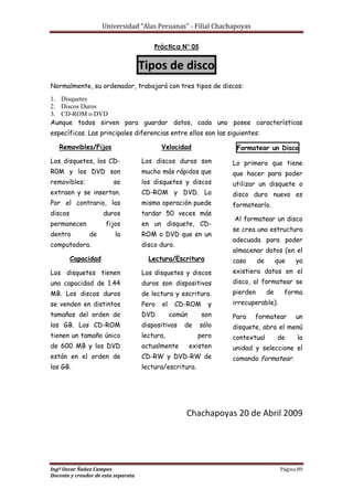 Universidad “Alas Peruanas” - Filial Chachapoyas
Ingº Oscar Ñañez Campos Página 89
Docente y creador de esta separata
Práctica N° 05
Tipos de disco
Normalmente, su ordenador, trabajará con tres tipos de discos:
1. Disquetes
2. Discos Duros
3. CD-ROM o DVD
Aunque todos sirven para guardar datos, cada uno posee características
específicas. Las principales diferencias entre ellos son las siguientes:
Removibles/Fijos
Los disquetes, los CD-
R0M y los DVD son
removibles: se
extraen y se insertan.
Por el contrario, los
discos duros
permanecen fijos
dentro de la
computadora.
Capacidad
Los disquetes tienen
una capacidad de 1.44
MB. Los discos duros
se venden en distintos
tamaños del orden de
los GB. Los CD-ROM
tienen un tamaño único
de 600 MB y los DVD
están en el orden de
los GB.
Velocidad
Los discos duros son
mucho más rápidos que
los disquetes y discos
CD-ROM y DVD. La
misma operación puede
tardar 50 veces más
en un disquete, CD-
ROM o DVD que en un
disco duro.
Lectura/Escritura
Los disquetes y discos
duros son dispositivos
de lectura y escritura.
Pero el CD-ROM y
DVD común son
dispositivos de sólo
lectura, pero
actualmente existen
CD-RW y DVD-RW de
lectura/escritura.
Formatear un Disco
Lo primero que tiene
que hacer para poder
utilizar un disquete o
disco duro nuevo es
formatearlo.
Al formatear un disco
se crea una estructura
adecuada para poder
almacenar datos (en el
caso de que ya
existiera datos en el
disco, al formatear se
pierden de forma
irrecuperable).
Para formatear un
disquete, abra el menú
contextual de la
unidad y seleccione el
comando formatear.
Chachapoyas 20 de Abril 2009
 