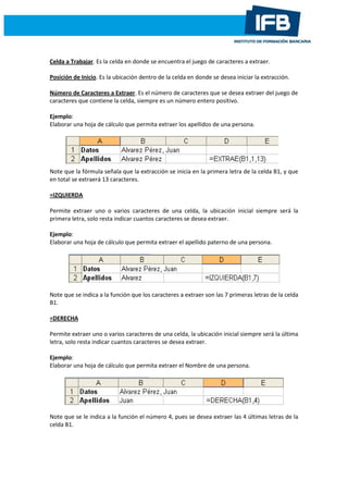 Celda a Trabajar. Es la celda en donde se encuentra el juego de caracteres a extraer.
Posición de Inicio. Es la ubicación dentro de la celda en donde se desea iniciar la extracción.
Número de Caracteres a Extraer. Es el número de caracteres que se desea extraer del juego de
caracteres que contiene la celda, siempre es un número entero positivo.
Ejemplo:
Elaborar una hoja de cálculo que permita extraer los apellidos de una persona.
Note que la fórmula señala que la extracción se inicia en la primera letra de la celda B1, y que
en total se extraerá 13 caracteres.
=IZQUIERDA
Permite extraer uno o varios caracteres de una celda, la ubicación inicial siempre será la
primera letra, solo resta indicar cuantos caracteres se desea extraer.
Ejemplo:
Elaborar una hoja de cálculo que permita extraer el apellido paterno de una persona.
Note que se indica a la función que los caracteres a extraer son las 7 primeras letras de la celda
B1.
=DERECHA
Permite extraer uno o varios caracteres de una celda, la ubicación inicial siempre será la última
letra, solo resta indicar cuantos caracteres se desea extraer.
Ejemplo:
Elaborar una hoja de cálculo que permita extraer el Nombre de una persona.
Note que se le indica a la función el número 4, pues se desea extraer las 4 últimas letras de la
celda B1.
 