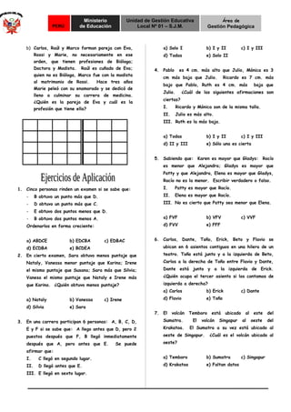 PERÚ
Ministerio
de Educación
Unidad de Gestión Educativa
Local Nº 01 – S.J.M.
Área de
Gestión Pedagógica
b) Carlos, Raúl y Marco forman pareja con Eva,
Rossi y Marie, no necesariamente en ese
orden, que tienen profesiones de Bióloga;
Doctora y Modista. Raúl es cuñado de Eva;
quien no es Bióloga, Marco fue con la modista
al matrimonio de Rossi. Hace tres años
Marie peleó con su enamorado y se dedicó de
lleno a culminar su carrera de medicina.
¿Quién es la pareja de Eva y cuál es la
profesión que tiene ella?
1. Cinco personas rinden un examen si se sabe que:
- B obtuvo un punto más que D.
- D obtuvo un punto más que C.
- E obtuvo dos puntos menos que D.
- B obtuvo dos puntos menos A.
Ordenarlos en forma creciente:
a) ABDCE b) EDCBA c) EDBAC
d) ECDBA e) BCDEA
2. En cierto examen, Sara obtuvo menos puntaje que
Nataly, Vanessa menor puntaje que Karina; Irene
el mismo puntaje que Susana; Sara más que Silvia;
Vanesa el mismo puntaje que Nataly e Irene más
que Karina. ¿Quién obtuvo menos puntaje?
a) Nataly b) Vanessa c) Irene
d) Silvia e) Sara
3. En una carrera participan 6 personas: A, B, C, D,
E y F si se sabe que: A llego antes que D, pero 2
puestos después que F, B llegó inmediatamente
después que A, pero antes que E. Se puede
afirmar que:
I. C llegó en segundo lugar.
II. D llegó antes que E.
III. E llegó en sexto lugar.
a) Solo I b) I y II c) I y III
d) Todas e) Solo II
4. Pablo es 4 cm. más alto que Julio, Mónica es 3
cm más baja que Julio. Ricardo es 7 cm. más
bajo que Pablo, Ruth es 4 cm. más baja que
Julio. ¿Cuál de las siguientes afirmaciones son
ciertas?
I. Ricardo y Mónica son de la misma talla.
II. Julio es más alto.
III. Ruth es la más baja.
a) Todas b) I y II c) I y III
d) II y III e) Sólo una es cierta
5. Sabiendo que: Karen es mayor que Gladys: Rocío
es menor que Alejandra; Gladys es mayor que
Patty y que Alejandra, Elena es mayor que Gladys,
Rocío no es la menor. Escribir verdadero o falso.
I. Patty es mayor que Rocío.
II. Elena es mayor que Rocío.
III. No es cierto que Patty sea menor que Elena.
a) FVF b) VFV c) VVF
d) FVV e) FFF
6. Carlos, Dante, Toño, Erick, Beto y Flavio se
ubican en 6 asientos contiguos en una hilera de un
teatro. Toño está junto y a la izquierda de Beto,
Carlos a la derecha de Toño entre Flavio y Dante,
Dante está junto y a la izquierda de Erick.
¿Quién ocupa el tercer asiento si los contamos de
izquierda a derecha?
a) Carlos b) Erick c) Dante
d) Flavio e) Toño
7. El volcán Temboro está ubicado al este del
Sumatra. El volcán Singapur al oeste del
Krakatoa. El Sumatra a su vez está ubicado al
oeste de Singapur. ¿Cuál es el volcán ubicado al
oeste?
a) Temboro b) Sumatra c) Singapur
d) Krakatoa e) Faltan datos
 