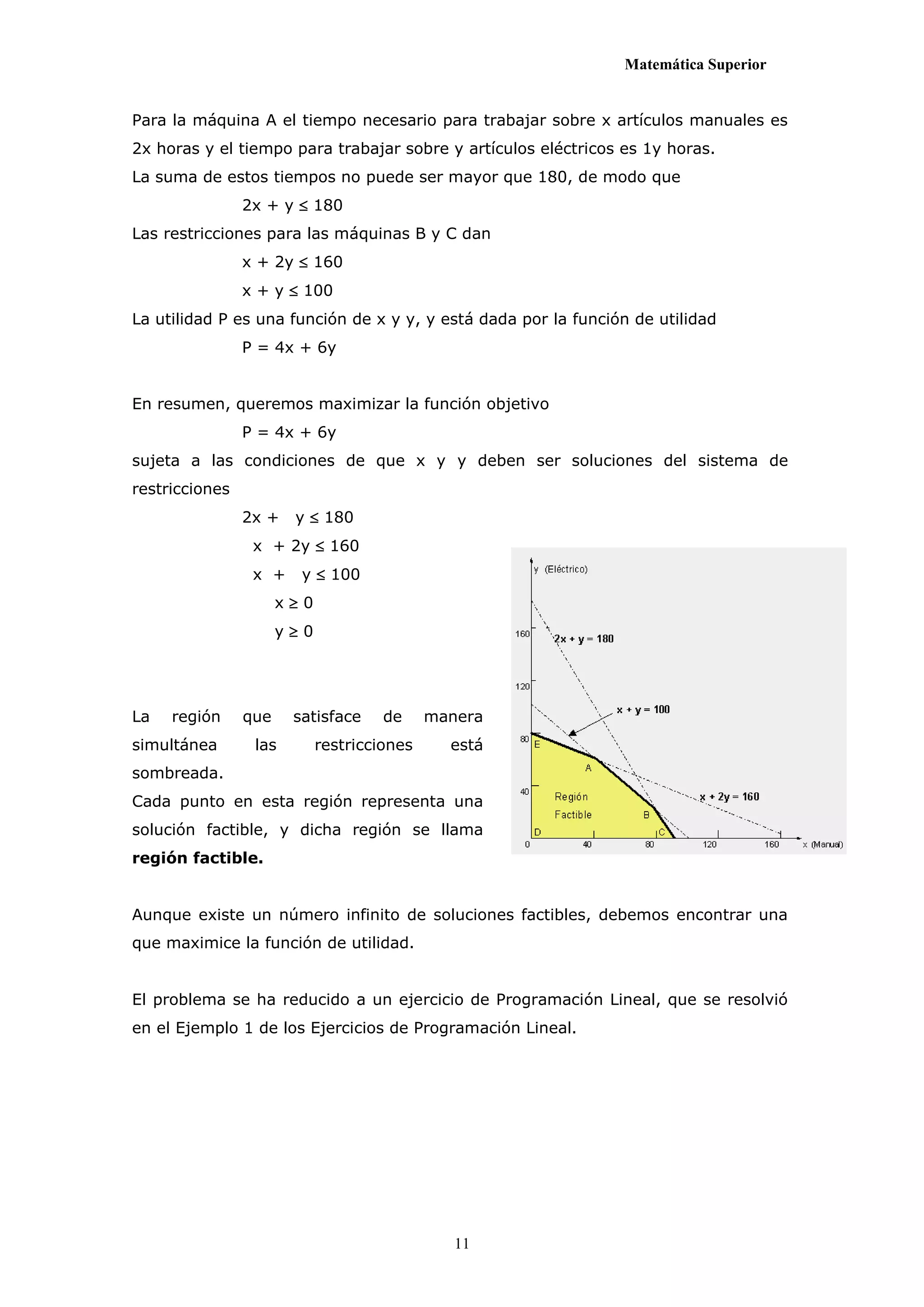 Matemática Superior


Para la máquina A el tiempo necesario para trabajar sobre x artículos manuales es
2x horas y el tiempo para trabajar sobre y artículos eléctricos es 1y horas.
La suma de estos tiempos no puede ser mayor que 180, de modo que
                2x + y  180
Las restricciones para las máquinas B y C dan
                x + 2y  160
                x + y  100
La utilidad P es una función de x y y, y está dada por la función de utilidad
                P = 4x + 6y


En resumen, queremos maximizar la función objetivo
                P = 4x + 6y
sujeta a las condiciones de que x y y deben ser soluciones del sistema de
restricciones
                2x +   y  180
                 x + 2y  160
                 x +    y  100
                      x0
                      y0




La   región     que    satisface     de     manera
simultánea       las        restricciones     está
sombreada.
Cada punto en esta región representa una
solución factible, y dicha región se llama
región factible.


Aunque existe un número infinito de soluciones factibles, debemos encontrar una
que maximice la función de utilidad.


El problema se ha reducido a un ejercicio de Programación Lineal, que se resolvió
en el Ejemplo 1 de los Ejercicios de Programación Lineal.




                                               11
 