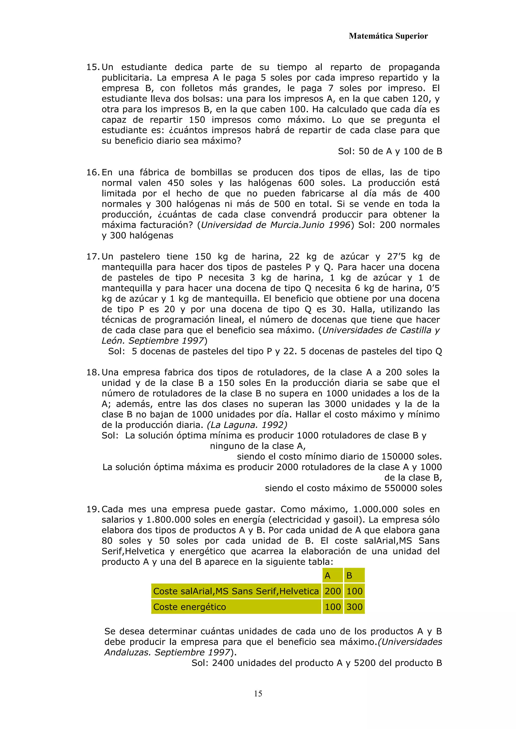 Matemática Superior


15. Un estudiante dedica parte de su tiempo al reparto de propaganda
    publicitaria. La empresa A le paga 5 soles por cada impreso repartido y la
    empresa B, con folletos más grandes, le paga 7 soles por impreso. El
    estudiante lleva dos bolsas: una para los impresos A, en la que caben 120, y
    otra para los impresos B, en la que caben 100. Ha calculado que cada día es
    capaz de repartir 150 impresos como máximo. Lo que se pregunta el
    estudiante es: ¿cuántos impresos habrá de repartir de cada clase para que
    su beneficio diario sea máximo?
                                                          Sol: 50 de A y 100 de B

16. En una fábrica de bombillas se producen dos tipos de ellas, las de tipo
    normal valen 450 soles y las halógenas 600 soles. La producción está
    limitada por el hecho de que no pueden fabricarse al día más de 400
    normales y 300 halógenas ni más de 500 en total. Si se vende en toda la
    producción, ¿cuántas de cada clase convendrá produccir para obtener la
    máxima facturación? (Universidad de Murcia.Junio 1996) Sol: 200 normales
    y 300 halógenas

17. Un pastelero tiene 150 kg de harina, 22 kg de azúcar y 27’5 kg de
    mantequilla para hacer dos tipos de pasteles P y Q. Para hacer una docena
    de pasteles de tipo P necesita 3 kg de harina, 1 kg de azúcar y 1 de
    mantequilla y para hacer una docena de tipo Q necesita 6 kg de harina, 0’5
    kg de azúcar y 1 kg de mantequilla. El beneficio que obtiene por una docena
    de tipo P es 20 y por una docena de tipo Q es 30. Halla, utilizando las
    técnicas de programación lineal, el número de docenas que tiene que hacer
    de cada clase para que el beneficio sea máximo. (Universidades de Castilla y
    León. Septiembre 1997)
      Sol: 5 docenas de pasteles del tipo P y 22. 5 docenas de pasteles del tipo Q

18. Una empresa fabrica dos tipos de rotuladores, de la clase A a 200 soles la
    unidad y de la clase B a 150 soles En la producción diaria se sabe que el
    número de rotuladores de la clase B no supera en 1000 unidades a los de la
    A; además, entre las dos clases no superan las 3000 unidades y la de la
    clase B no bajan de 1000 unidades por día. Hallar el costo máximo y mínimo
    de la producción diaria. (La Laguna. 1992)
    Sol: La solución óptima mínima es producir 1000 rotuladores de clase B y
                              ninguno de la clase A,
                                    siendo el costo mínimo diario de 150000 soles.
    La solución óptima máxima es producir 2000 rotuladores de la clase A y 1000
                                                                      de la clase B,
                                          siendo el costo máximo de 550000 soles

19. Cada mes una empresa puede gastar. Como máximo, 1.000.000 soles en
    salarios y 1.800.000 soles en energía (electricidad y gasoil). La empresa sólo
    elabora dos tipos de productos A y B. Por cada unidad de A que elabora gana
    80 soles y 50 soles por cada unidad de B. El coste salArial,MS Sans
    Serif,Helvetica y energético que acarrea la elaboración de una unidad del
    producto A y una del B aparece en la siguiente tabla:
                                                        A    B
               Coste salArial,MS Sans Serif,Helvetica 200 100
               Coste energético                         100 300

    Se desea determinar cuántas unidades de cada uno de los productos A y B
    debe producir la empresa para que el beneficio sea máximo.(Universidades
    Andaluzas. Septiembre 1997).
                       Sol: 2400 unidades del producto A y 5200 del producto B


                                       15
 