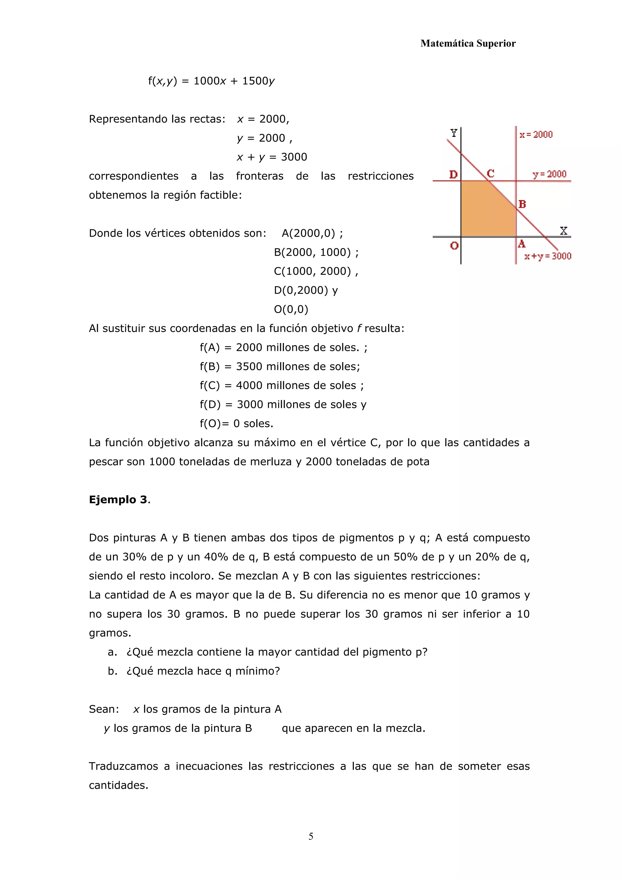 Matemática Superior


            f(x,y) = 1000x + 1500y


Representando las rectas:      x = 2000,
                               y = 2000 ,
                               x + y = 3000
correspondientes    a    las   fronteras    de     las   restricciones
obtenemos la región factible:


Donde los vértices obtenidos son:         A(2000,0) ;
                                         B(2000, 1000) ;
                                         C(1000, 2000) ,
                                         D(0,2000) y
                                         O(0,0)
Al sustituir sus coordenadas en la función objetivo f resulta:
                        f(A) = 2000 millones de soles. ;
                        f(B) = 3500 millones de soles;
                        f(C) = 4000 millones de soles ;
                        f(D) = 3000 millones de soles y
                        f(O)= 0 soles.
La función objetivo alcanza su máximo en el vértice C, por lo que las cantidades a
pescar son 1000 toneladas de merluza y 2000 toneladas de pota


Ejemplo 3.


Dos pinturas A y B tienen ambas dos tipos de pigmentos p y q; A está compuesto
de un 30% de p y un 40% de q, B está compuesto de un 50% de p y un 20% de q,
siendo el resto incoloro. Se mezclan A y B con las siguientes restricciones:
La cantidad de A es mayor que la de B. Su diferencia no es menor que 10 gramos y
no supera los 30 gramos. B no puede superar los 30 gramos ni ser inferior a 10
gramos.
   a. ¿Qué mezcla contiene la mayor cantidad del pigmento p?
   b. ¿Qué mezcla hace q mínimo?


Sean:     x los gramos de la pintura A
  y los gramos de la pintura B            que aparecen en la mezcla.


Traduzcamos a inecuaciones las restricciones a las que se han de someter esas
cantidades.



                                               5
 