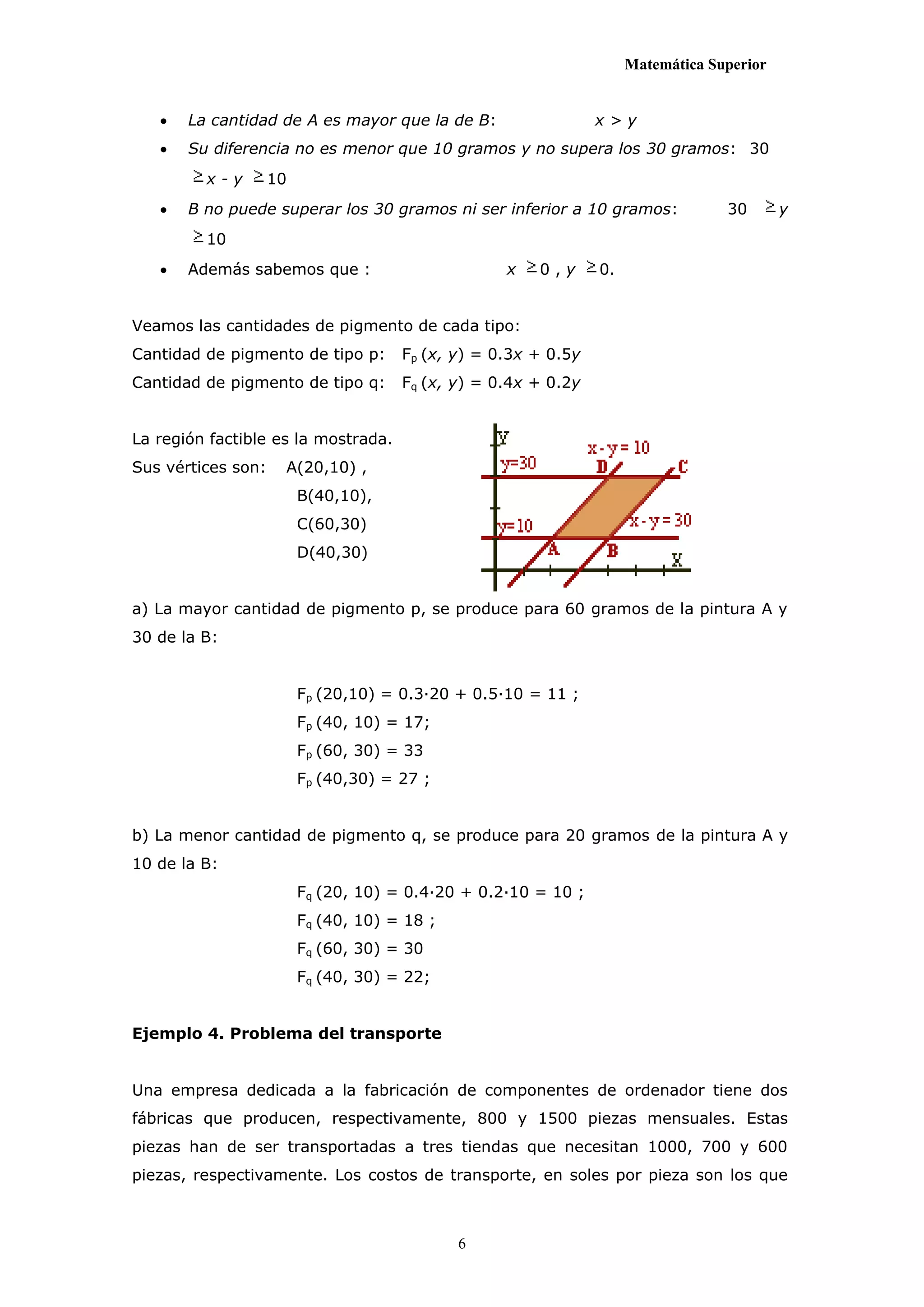 Matemática Superior


      La cantidad de A es mayor que la de B:                   x>y
      Su diferencia no es menor que 10 gramos y no supera los 30 gramos: 30
         x-y        10
      B no puede superar los 30 gramos ni ser inferior a 10 gramos:              30       y
         10
      Además sabemos que :                        x   0,y      0.


Veamos las cantidades de pigmento de cada tipo:
Cantidad de pigmento de tipo p:       Fp (x, y) = 0.3x + 0.5y
Cantidad de pigmento de tipo q:       Fq (x, y) = 0.4x + 0.2y


La región factible es la mostrada.
Sus vértices son:    A(20,10) ,
                         B(40,10),
                         C(60,30)
                         D(40,30)


a) La mayor cantidad de pigmento p, se produce para 60 gramos de la pintura A y
30 de la B:


                         Fp (20,10) = 0.3·20 + 0.5·10 = 11 ;
                         Fp (40, 10) = 17;
                         Fp (60, 30) = 33
                         Fp (40,30) = 27 ;


b) La menor cantidad de pigmento q, se produce para 20 gramos de la pintura A y
10 de la B:
                         Fq (20, 10) = 0.4·20 + 0.2·10 = 10 ;
                         Fq (40, 10) = 18 ;
                         Fq (60, 30) = 30
                         Fq (40, 30) = 22;


Ejemplo 4. Problema del transporte


Una empresa dedicada a la fabricación de componentes de ordenador tiene dos
fábricas que producen, respectivamente, 800 y 1500 piezas mensuales. Estas
piezas han de ser transportadas a tres tiendas que necesitan 1000, 700 y 600
piezas, respectivamente. Los costos de transporte, en soles por pieza son los que



                                              6
 