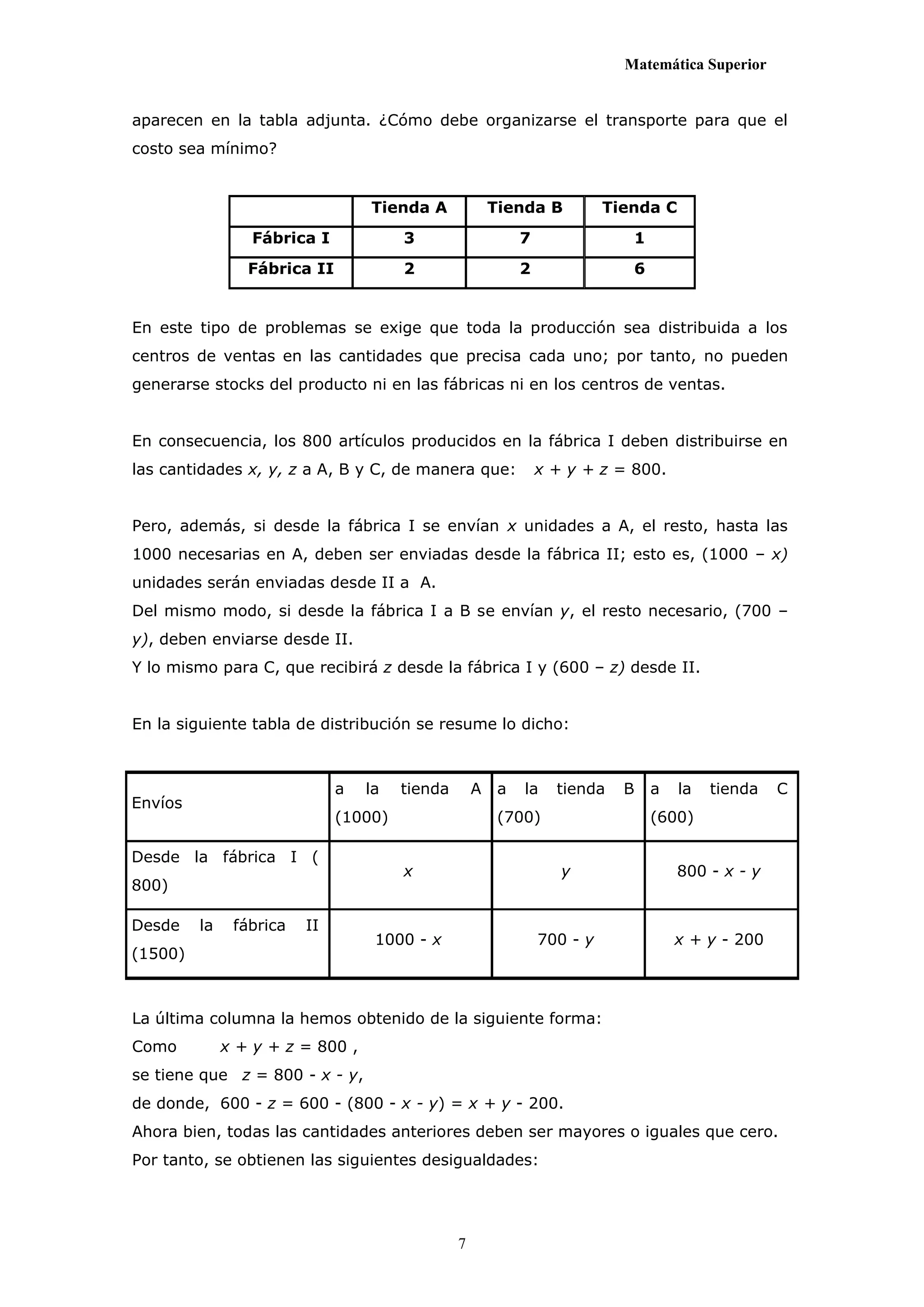 Matemática Superior


aparecen en la tabla adjunta. ¿Cómo debe organizarse el transporte para que el
costo sea mínimo?


                                  Tienda A              Tienda B           Tienda C
                 Fábrica I             3                     7                1
                 Fábrica II            2                     2                6


En este tipo de problemas se exige que toda la producción sea distribuida a los
centros de ventas en las cantidades que precisa cada uno; por tanto, no pueden
generarse stocks del producto ni en las fábricas ni en los centros de ventas.


En consecuencia, los 800 artículos producidos en la fábrica I deben distribuirse en
las cantidades x, y, z a A, B y C, de manera que:                x + y + z = 800.


Pero, además, si desde la fábrica I se envían x unidades a A, el resto, hasta las
1000 necesarias en A, deben ser enviadas desde la fábrica II; esto es, (1000 – x)
unidades serán enviadas desde II a A.
Del mismo modo, si desde la fábrica I a B se envían y, el resto necesario, (700 –
y), deben enviarse desde II.
Y lo mismo para C, que recibirá z desde la fábrica I y (600 – z) desde II.


En la siguiente tabla de distribución se resume lo dicho:



                              a   la   tienda       A    a   la    tienda    B    a   la   tienda   C
Envíos
                              (1000)                     (700)                    (600)

Desde la fábrica I (
                                       x                            y                 800 - x - y
800)

Desde    la    fábrica   II
                                   1000 - x                      700 - y              x + y - 200
(1500)



La última columna la hemos obtenido de la siguiente forma:
Como          x + y + z = 800 ,
se tiene que z = 800 - x - y,
de donde, 600 - z = 600 - (800 - x - y) = x + y - 200.
Ahora bien, todas las cantidades anteriores deben ser mayores o iguales que cero.
Por tanto, se obtienen las siguientes desigualdades:




                                                7
 