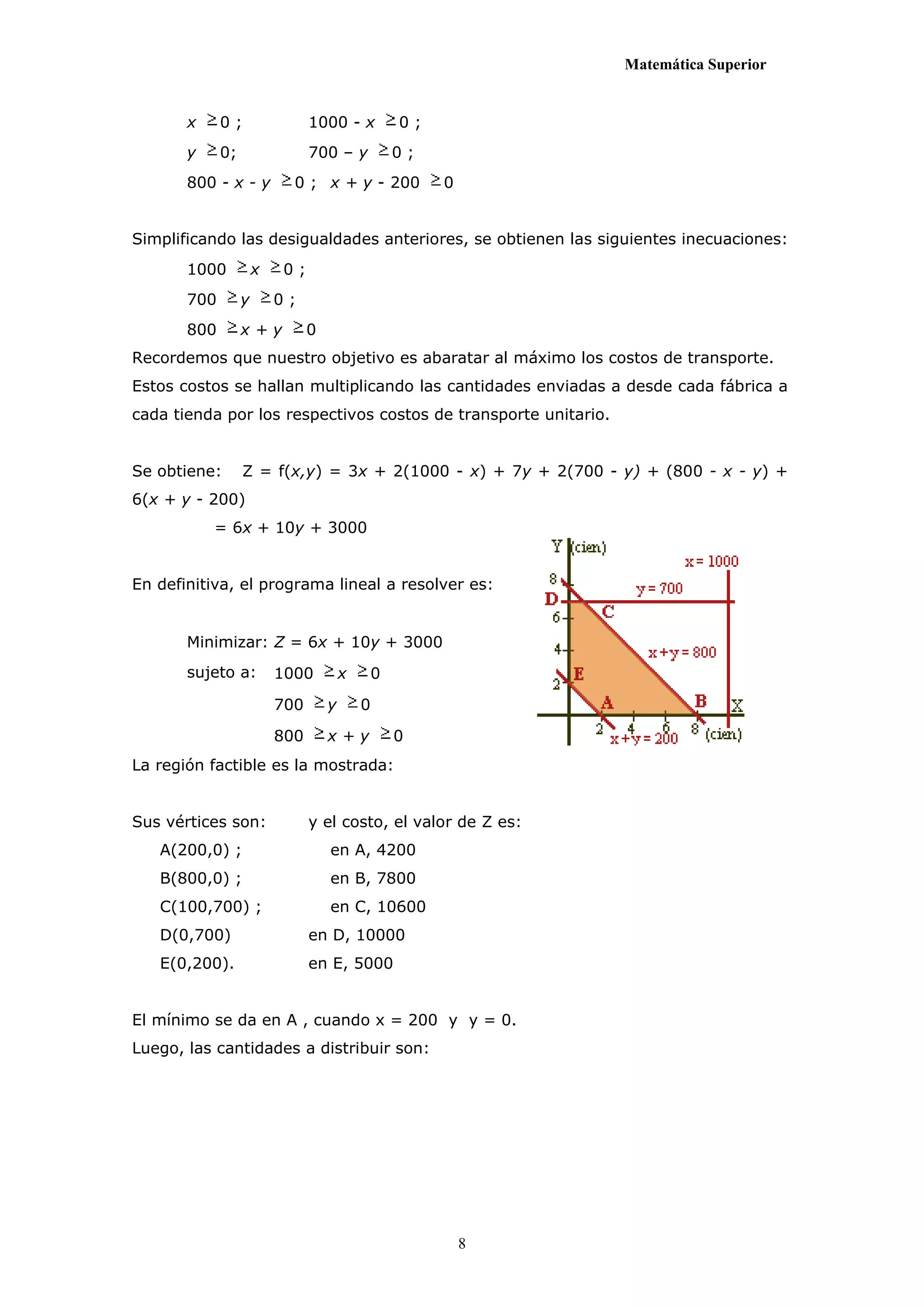 Matemática Superior


       x     0;                 1000 - x            0;
       y     0;                 700 – y             0;
       800 - x - y          0 ; x + y - 200              0


Simplificando las desigualdades anteriores, se obtienen las siguientes inecuaciones:
       1000           x   0;
       700        y       0;
       800        x+y           0
Recordemos que nuestro objetivo es abaratar al máximo los costos de transporte.
Estos costos se hallan multiplicando las cantidades enviadas a desde cada fábrica a
cada tienda por los respectivos costos de transporte unitario.


Se obtiene:       Z = f(x,y) = 3x + 2(1000 - x) + 7y + 2(700 - y) + (800 - x - y) +
6(x + y - 200)
           = 6x + 10y + 3000


En definitiva, el programa lineal a resolver es:


       Minimizar: Z = 6x + 10y + 3000
       sujeto a:          1000          x       0

                          700       y       0

                          800       x+y             0
La región factible es la mostrada:


Sus vértices son:               y el costo, el valor de Z es:
   A(200,0) ;                       en A, 4200
   B(800,0) ;                       en B, 7800
   C(100,700) ;                     en C, 10600
   D(0,700)                     en D, 10000
   E(0,200).                    en E, 5000


El mínimo se da en A , cuando x = 200 y y = 0.
Luego, las cantidades a distribuir son:




                                                             8
 