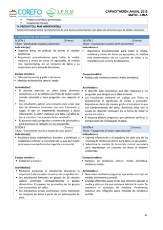 CAPACITACIÓN ANUAL 2015
MAYO - LIMA
17
 Proporcionalidad y porcentajes.
 Ecuaciones lineales
IV. PRODUCTO(s) MÁS IMPORTANTE(s)
Panel informativo sobre la importancia de una buena alimentación y los tipos de alimentos que se deben consumir.
V. SECUENCIA DE LAS SESIONES
SESIÓN 1 (2 horas)
Título: “Clasificando nuestros alimentos”
SESIÓN 2 (2 horas)
Título: “Conociendo nuestro perfil alimenticio”
Indicador(es):
 Organiza datos en gráficos de barras al resolver
problemas.
 Argumenta procedimientos para hallar la media,
mediana y moda de datos no agrupados, la medida
más representativa de un conjunto de datos y su
importancia en la toma de decisiones.
Campo temático:
 Tabla de frecuencia y gráfico de barras.
 Medidas de tendencia central: moda
Actividad(es):
 El docente presenta un video sobre alimentos
autóctonos o en su defecto una ficha de lectura sobre
comida saludable y hace preguntas con respecto al
tema.
 Los estudiantes aplican una encuesta para saber qué
tipo de alimentos consumen con más frecuencia y,
luego, le dan un tratamiento estadístico a dicha
información, es decir, elaboran una tabla y gráfico de
barra, y emiten conclusiones de los resultados.
 El docente realiza preguntas a manera de conclusión y
para promover la reflexión en los estudiantes.
Indicador(es):
▪ Argumenta procedimientos para hallar la media,
mediana y moda de datos no agrupados, la medida
más representativa de un conjunto de datos y su
importancia en la toma de decisiones.
Campo temático:
 Medidas de tendencia central: media aritmética
Actividad(es):
 El docente pide voluntarios que den respuesta a las
preguntas que designó en la clase anterior.
 Los estudiantes mediante un trabajo con fichas va
descubriendo el significado de media o promedio.
Reproducen datos de manera gráfica y socializan lo que
van comprendiendo del tema. Asimismo, ellos con la
ayuda del docente concluyen en la forma de hallar la
media aritmética.
 El docente elabora preguntas que permitan verificar la
comprensión de lo trabajado en clase.
SESIÓN 3 (2 horas)
Título: “Conociendo mucho a través de unos pocos”
SESIÓN 4 (2 horas)
Título: “Escogiendo al mejor representante”
Indicador(es):
 Recolecta datos cuantitativos discretos y continuos o
cualitativos ordinales y nominales de su aula por medio
de la experimentación o interrogación o encuestas.
Campo temático:
 Población y muestra
Actividad(es):
 Mediante preguntas lo estudiantes descubren la
importancia de encuestar muestras de una población.
 Los estudiantes formados en grupos de 10 calculan
valores promedio correspondientes a grupos
alimenticios. Comparan los promedios de los grupos
con el promedio del salón.
 Los estudiantes deben sistematizar cómo estimarían
un conjunto de datos a partir de un subconjunto de
ellos.
Indicador(es):
 Expresa información y el propósito de cada una de las
medidas de tendencia central para datos no agrupados.
 Selecciona la medida de tendencia central apropiada
para representar un conjunto de datos al resolver
problemas.
Campo temático:
 Medidas de tendencia central: media aritmética,
mediana y moda.
Actividad(es):
 Descubren, mediante preguntas, que existe otro tipo de
medida de tendencia central.
 Analizan diferentes casos en los que conviene calcular la
media y otros en los que conviene calcular la moda. Se
introduce el concepto de mediana. Finalmente,
elaboran una infografía sobre medidas de tendencia
central.
 