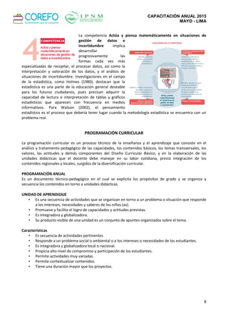 CAPACITACIÓN ANUAL 2015
MAYO - LIMA
8
La competencia Actúa y piensa matemáticamente en situaciones de
gestión de datos e
incertidumbre implica
desarrollar
progresivamente las
formas cada vez más
especializadas de recopilar, el procesar datos, así como la
interpretación y valoración de los datos, y el análisis de
situaciones de incertidumbre. Investigaciones en el campo
de la estadística, como Holmes (1980), destacan que la
estadística es una parte de la educación general deseable
para los futuros ciudadanos, pues precisan adquirir la
capacidad de lectura e interpretación de tablas y gráficos
estadísticos que aparecen con frecuencia en medios
informativos. Para Watson (2002), el pensamiento
estadístico es el proceso que debería tener lugar cuando la metodología estadística se encuentra con un
problema real.
PROGRAMACIÓN CURRICULAR
La programación curricular es un proceso técnico de la enseñanza y el aprendizaje que consiste en el
análisis y tratamiento pedagógico de las capacidades, los contenidos básicos, los temas transversales, los
valores, las actitudes y demás componentes del Diseño Curricular Básico; y en la elaboración de las
unidades didácticas que el docente debe manejar en su labor cotidiana, previa integración de los
contenidos regionales y locales, surgidos de la diversificación curricular.
PROGRAMACIÓN ANUAL
Es un documento técnico-pedagógico en el cual se explicita los propósitos de grado y se organiza y
secuencia los contenidos en torno a unidades didácticas.
UNIDAD DE APRENDIZAJE
• Es una secuencia de actividades que se organizan en torno a un problema o situación que responde
a los intereses, necesidades y saberes de los niños (as).
• Promueve y facilita el logro de capacidades y actitudes previstas.
• Es integradora y globalizadora.
• Su producto visible de una unidad es un conjunto de apuntes organizados sobre el tema.
Características
• Es secuencia de actividades pertinentes
• Responde a un problema social o ambiental o a los intereses o necesidades de los estudiantes.
• Es integradora y globalizadora local o nacional.
• Propicia alto nivel de compromiso y participación de los estudiantes.
• Permite actividades muy variadas.
• Permite contextualizar contenidos.
• Tiene una duración mayor que los proyectos.
 
