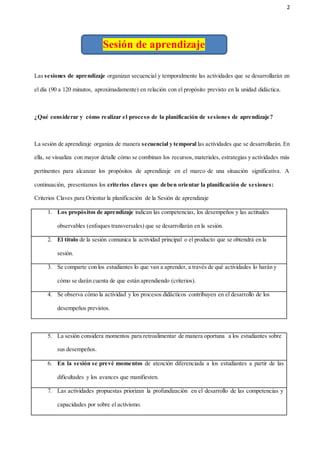 2
Las sesiones de aprendizaje organizan secuencial y temporalmente las actividades que se desarrollarán en
el día (90 a 120 minutos, aproximadamente) en relación con el propósito previsto en la unidad didáctica.
¿Qué considerar y cómo realizar el proceso de la planificación de sesiones de aprendizaje?
La sesión de aprendizaje organiza de manera secuencial y temporal las actividades que se desarrollarán. En
ella, se visualiza con mayor detalle cómo se combinan los recursos,materiales, estrategias y actividades más
pertinentes para alcanzar los propósitos de aprendizaje en el marco de una situación significativa. A
continuación, presentamos los criterios claves que deben orientar la planificación de sesiones:
Criterios Claves para Orientar la planificación de la Sesión de aprendizaje
1. Los propósitos de aprendizaje indican las competencias, los desempeños y las actitudes
observables (enfoques transversales) que se desarrollarán en la sesión.
2. El título de la sesión comunica la actividad principal o el producto que se obtendrá en la
sesión.
3. Se comparte con los estudiantes lo que van a aprender, a través de qué actividades lo harán y
cómo se darán cuenta de que están aprendiendo (criterios).
4. Se observa cómo la actividad y los procesos didácticos contribuyen en el desarrollo de los
desempeños previstos.
5. La sesión considera momentos para retroalimentar de manera oportuna a los estudiantes sobre
sus desempeños.
6. En la sesión se prevé momentos de atención diferenciada a los estudiantes a partir de las
dificultades y los avances que manifiesten.
7. Las actividades propuestas priorizan la profundización en el desarrollo de las competencias y
capacidades por sobre el activismo.
Sesión de aprendizaje
 