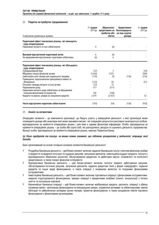ПАТ КБ "ПРИВАТБАНК"
Примітки до окремої фінансової звітності – за рік, що закінчився 31 грудня 2016 року
42
22 Податок на прибуток (продовження)
У мільйонах українських гривень
31 грудня
2014 р.
(Віднесено)/
кредитовано на
прибуток або
збиток
Кредитовано
безпосередньо
на інші сукупні
доходи
31 грудня
2015 р.
Податковий ефект тимчасових різниць, які зменшують
суму оподаткування
Нараховані витрати та інші зобов’язання 6 (6) - -
Валовий відстрочений податковий актив 6 (6) - -
За вирахуванням відстрочених податкових зобов’язань (6) 6 - -
Податковий ефект тимчасових різниць, які збільшують
суму оподаткування
Субординований борг (37) 3 - (34)
Вбудовані похідні фінансові активи (3 656) 3 072 - (584)
Інвестиційні цінні папери для подальшого продажу (176) (4) (136) (316)
Приміщення, вдосконалення орендованого майна та
обладнання (133) 82 - (51)
Оплачені наперед витрати та інші активи (37) 37 - -
Нарахований дохід 517 (517) - -
Нараховані витрати щодо зобов'язань за вбудованим
похідним фінансовим інструментом 160 (160) - -
Кредити та аванси, резерв на знецінення кредитів 2 619 (2 567) - 52
Чисте відстрочене податкове зобов’язання (743) (54) (136) (933)
23 Аналіз за сегментами
Операційні сегменти – це компоненти організації, що беруть участь у комерційній діяльності, з якої організація може
отримувати доходи або внаслідок якої може зазнавати витрат, чиї операційні результати регулярно аналізуються особою,
відповідальною за прийняття операційних рішень і для яких є окрема фінансова інформація. Особа, відповідальна за
прийняття операційних рішень – це особа або група осіб, які розподіляють ресурси та оцінюють діяльність підприємства.
Функції особи, відповідальної за прийняття операційних рішень, виконує Правління Банку.
(а) Опис продуктів та послуг, за якими кожен сегмент, що підлягає розкриттю у звітності, отримує свої
доходи
Банк організований на основі чотирьох основних сегментів банківської діяльності:
Ÿ Роздрібна банківська діяльність – цей бізнес-сегмент включає надання банківських послуг клієнтам-фізичним особам
із відкриття та ведення поточних та ощадних рахунків, залучення депозитів, інвестиційно-ощадні продукти, послуги з
відповідального зберігання цінностей, обслуговування кредитних та дебетових карток, споживчого та іпотечного
кредитування, а також похідні фінансові інструменти;
Ÿ Корпоративна банківська діяльність – цей бізнес-сегмент включає послуги прямого дебетування рахунків,
обслуговування поточних рахунків, залучення депозитів, надання кредитних ліній у формі «овердрафт», надання
кредитів та інших видів фінансування, а також операції з іноземною валютою та похідними фінансовими
інструментами;
Ÿ Інвестиційна банківська діяльність – цей бізнес-сегмент включає торговельні операції з фінансовими інструментами,
надання структурованого фінансування, орендні операції з юридичними особами (лізинг), консультації з питань
злиття та поглинання компаній;
Ÿ Казначейські банківські операції – цей бізнес-сегмент включає міжбанківські кредити, депозити, операції з обміну
іноземних валют, організацію фінансування на міжнародних ринках, управління активами та зобов’язаннями, емісію
облігацій та забезпечених активами цінних паперів, проектне фінансування, а також узгодження лімітів торгового
фінансування з фінансовими організаціями.
 