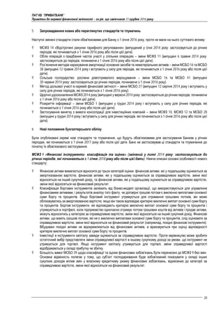 ПАТ КБ "ПРИВАТБАНК"
Примітки до окремої фінансової звітності – за рік, що закінчився 31 грудня 2016 року
20
5 Запровадження нових або переглянутих стандартів та тлумачень
Наступні змінені стандарти стали обов'язковими для Банку з 1 січня 2016 року, проте не мали на нього суттєвого впливу:
Ÿ МСФЗ 14 «Відстрочені рахунки тарифного регулювання» (випущений у січні 2014 року; застосовується до річних
періодів, які починаються з 1 січня 2016 року або після цієї дати).
Ÿ Облік операцій з придбання часток участі у спільних операціях – зміни МСФЗ 11 (випущені 6 травня 2014 року;
застосовуються до періодів, починаючи з 1 січня 2016 року або після цієї дати).
Ÿ Роз’яснення методів нарахування амортизації основних засобів та нематеріальних активів – зміни МСБО 16 та МСБО
38 (випущені 12 травня 2014 року і вступають у силу для періодів, які починаються з 1 січня 2016 року або після цієї
дати).
Ÿ Сільське господарство: рослини довготривалого вирощування – зміни МСБО 16 та МСБО 41 (випущені
30 червня 2014 року; застосовуються до річних періодів, починаючи з 1 січня 2016 року).
Ÿ Метод дольової участі в окремій фінансовій звітності – зміни МСБО 27 (випущені 12 серпня 2014 року і вступають у
силу для річних періодів, які починаються з 1 січня 2016 року).
Ÿ Щорічні удосконалення МСФЗ 2014 року (випущені у вересні 2014 року; застосовуються до річнихперіодів, починаючи
з 1 січня 2016 року або після цієї дати).
Ÿ Розкриття інформації – зміни МСБО 1 (випущені у грудні 2014 року і вступають у силу для річних періодів, які
починаються з 1 січня 2016 року або після цієї дати).
Ÿ Застосування винятку з вимоги консолідації для інвестиційних компаній – зміни МСФЗ 10, МСФЗ 12 та МСБО 28
(випущені у грудні 2014 року і вступають у силу для річних періодів, які починаються з 1 січня 2016 року або після цієї
дати).
6 Нові положення бухгалтерського обліку
Були опубліковані окремі нові стандарти та тлумачення, що будуть обов’язковими для застосування Банком у річних
періодах, які починаються з 1 січня 2017 року або після цієї дати. Банк не застосовував ці стандарти та тлумачення до
початку їх обов’язкового застосування.
МСФЗ 9 «Фінансові інструменти: класифікація та оцінка» (змінений у липні 2014 року; застосовується до
річних періодів, які починаються з 1 січня 2018 року або після цієї дати). Нижче описані основні особливості нового
стандарту:
Ÿ Фінансові активи вимагається відносити до трьох категорій оцінки: фінансові активи, які у подальшому оцінюються за
амортизованою вартістю, фінансові активи, які у подальшому оцінюються за справедливою вартістю, зміни якої
відносяться на інший сукупний дохід, та фінансові активи, які у подальшому оцінюються за справедливою вартістю,
зміни якої відносяться на фінансовий результат.
Ÿ Класифікація боргових інструментів залежить від бізнес-моделі організації, що використовується для управління
фінансовими активами, і результатів аналізу того факту, чи договірні грошові потоки є виключно виплатами основної
суми боргу та процентів. Якщо борговий інструмент утримується для отримання грошових потоків, він може
обліковуватись за амортизованою вартістю, якщо він також відповідає критерію виключно виплат основної суми боргу
та процентів. Боргові інструменти, які відповідають критерію виключно виплат основної суми боргу та процентів і
утримуються в портфелі, коли підприємство одночасно отримує потоки грошових коштів від активів і продає активи,
можуть відноситись у категорію за справедливою вартістю, зміни якої відносяться на інший сукупний дохід. Фінансові
активи, що мають грошові потоки, які не є виключно виплатами основної суми боргу та процентів, слід оцінювати за
справедливою вартістю, зміни якої відносяться на фінансовий результат (наприклад, похідні фінансові інструменти).
Вбудовані похідні активи не відокремлюються від фінансових активів, а враховуються при оцінці відповідності
критерію виключно виплат основної суми боргу та процентів.
Ÿ Інвестиції в інструменти капіталу завжди оцінюються за справедливою вартістю. Проте керівництво може зробити
остаточний вибір представляти зміни справедливої вартості в іншому сукупному доході за умови, що інструмент не
утримується для торгівлі. Якщо інструмент капіталу утримується для торгівлі, зміни справедливої вартості
відображаються у складі прибутку чи збитку.
Ÿ Більшість вимог МСБО 39 щодо класифікації та оцінки фінансових зобов’язань були перенесені до МСФЗ 9 без змін.
Основна відмінність полягає у тому, що суб’єкт господарювання буде зобов’язаний показувати у складі інших
сукупних доходів вплив змін у власному кредитному ризику фінансових зобов’язань, віднесених до категорії за
справедливою вартістю, зміни якої відносяться на фінансовий результат.
 