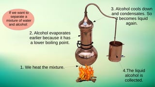 If we want to
separate a
mixture of water
and alcohol:
1. We heat the mixture.
2. Alcohol evaporates
earlier because it has
a lower boiling point.
3. Alcohol cools down
and condensates. So
it becomes liquid
again.
4.The liquid
alcohol is
collected.
 