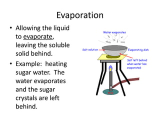 Evaporation
• Allowing the liquid
to evaporate,
leaving the soluble
solid behind.
• Example: heating
sugar water. The
water evaporates
and the sugar
crystals are left
behind.
 