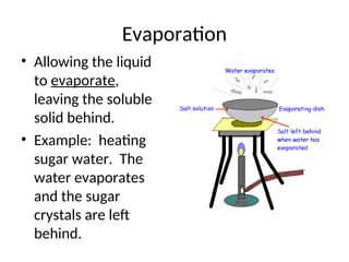 Evaporation
• Allowing the liquid
to evaporate,
leaving the soluble
solid behind.
• Example: heating
sugar water. The
water evaporates
and the sugar
crystals are left
behind.
 