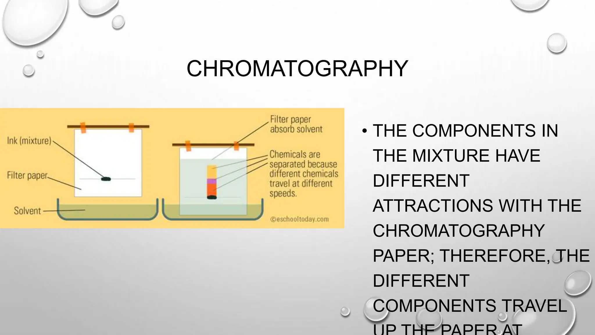 CHROMATOGRAPHY
• THE COMPONENTS IN
THE MIXTURE HAVE
DIFFERENT
ATTRACTIONS WITH THE
CHROMATOGRAPHY
PAPER; THEREFORE, THE
DIFFERENT
COMPONENTS TRAVEL
 