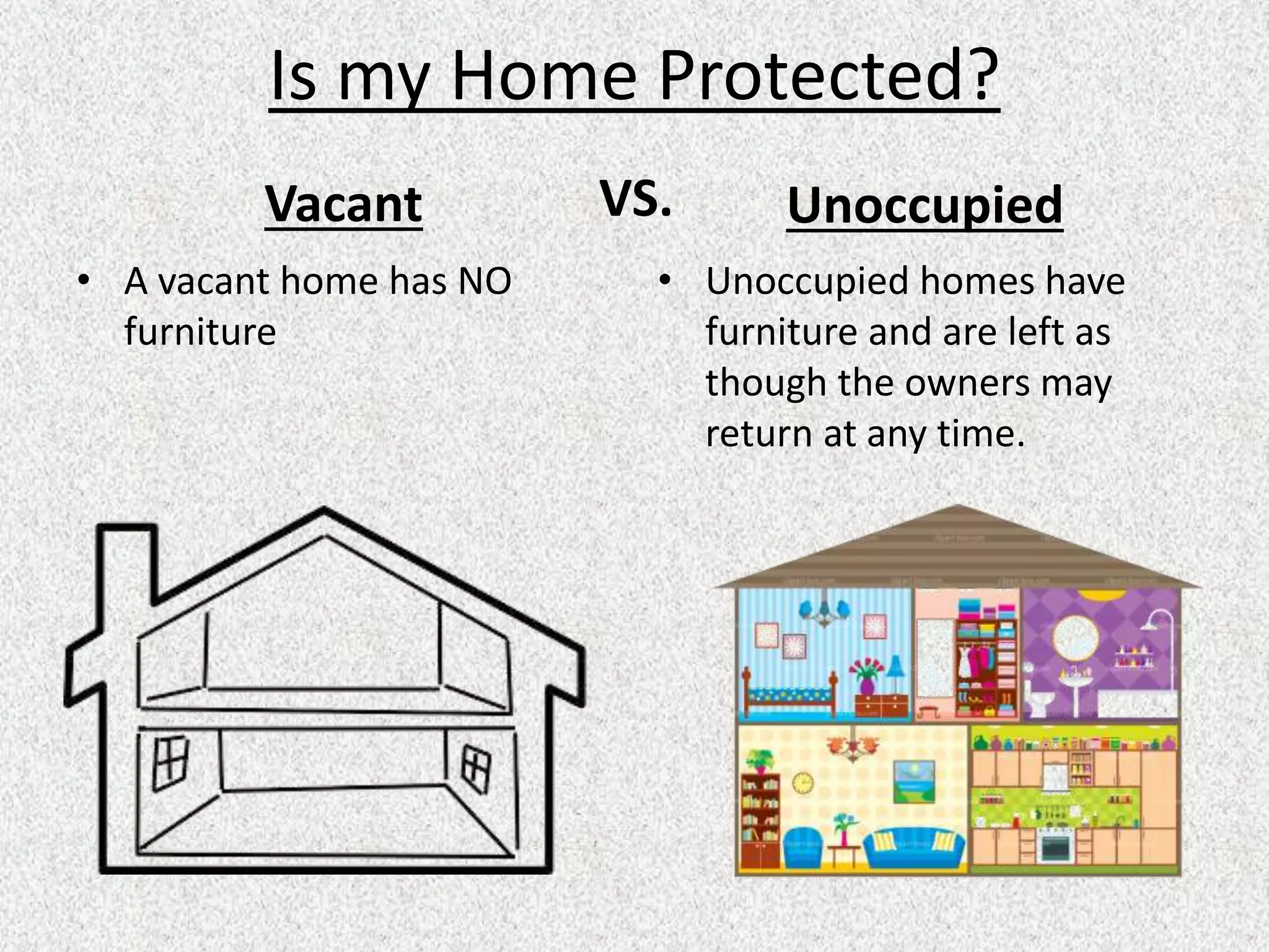 Is my Home Protected? 
Vacant 
• A vacant home has NO 
furniture 
Unoccupied 
• Unoccupied homes have 
furniture and are left as 
though the owners may 
return at any time. 
VS. 
 