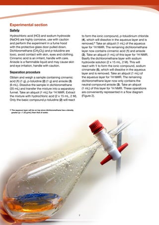 R
Carbon
Experimental section
Safety
Hydrochloric acid (HCl) and sodium hydroxide
(NaOH) are highly corrosive, use with caution
and perform the experiment in a fume hood
with the protective glass door pulled down.
Dichloromethane (CH2Cl2) and p-toluidine are
toxic, avoid contact with skin, eyes and clothing.
Cinnamic acid is an irritant, handle with care.
Anisole is a flammable liquid and may cause skin
and eye irritation, handle with caution.
Separation procedure
Obtain and weigh a sample containing cinnamic
acid (1) (1 g), p-toluidine (2) (1 g) and anisole (3)
(6 mL). Dissolve the sample in dichloromethane
(35 mL) and transfer the mixture into a separatory
funnel. Take an aliquot (1 mL) for 1H NMR. Extract
the mixture with hydrochloric acid (2 x 15 mL, 2 M).
Only the basic compound p-toluidine (2) will react
* The aqueous layer will be on top since dichloromethane has a density
greater (ρ = 1.33 g/mL) than that of water.
2
to form the ionic compound, p-toluidinium chloride
(4), which will dissolve in the aqueous layer and is
removed.* Take an aliquot (1 mL) of the aqueous
layer for 1H NMR. The remaining dichloromethane
layer now contains cinnamic acid (1) and anisole
(3). Take an aliquot (1 mL) of this layer for 1H NMR.
Basify the dichloromethane layer with sodium
hydroxide solution (2 x 15 mL, 2 M). This will
react with 1 to form the ionic compound, sodium
cinnamate (5), which will dissolve in the aqueous
layer and is removed. Take an aliquot (1 mL) of
the aqueous layer for 1H NMR. The remaining
dichloromethane layer now only contains the
neutral compound anisole (3). Take an aliquot
(1 mL) of this layer for 1H NMR. These operations
are conveniently represented in a flow diagram
(Figure 2).
 