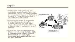 Purpose
 The Founders were wary of any one
individual or group of people having too
much power. History had shown them that
the concentration of power in the hands of
a few led to a government that failed to
account for the welfare of all.
 By dividing the powers of government
amongst the three branches, The
Founders theorized that each branch
would act as a “check” on the other two,
and would allow for the interests of all to
be heard.
 Specifically, Separation of Powers and
Checks and Balances protects the rights
and interests of the minority, prevents
tyrannical rule, and encourages
compromise and collaboration between
the three branches.
 