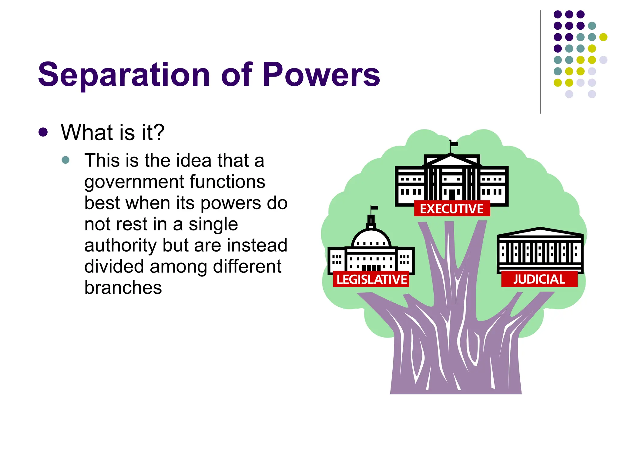 Separation of Powers What is it? This is the idea that a government functions best when its powers do not rest in a single authority but are instead divided among different branches  