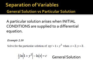 A particular solution arises when INITIAL
CONDITIONS are supplied to a differential
equation.
General Solution
 