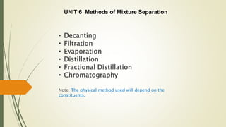 • Decanting
• Filtration
• Evaporation
• Distillation
• Fractional Distillation
• Chromatography
Note: The physical method used will depend on the
constituents.
UNIT 6 Methods of Mixture Separation
 