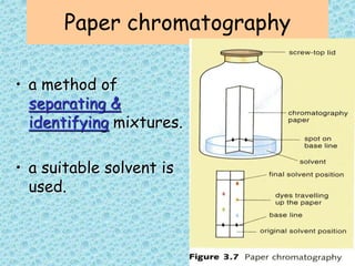 Paper chromatography
• a method of
separating &
identifying mixtures.
• a suitable solvent is
used.
 