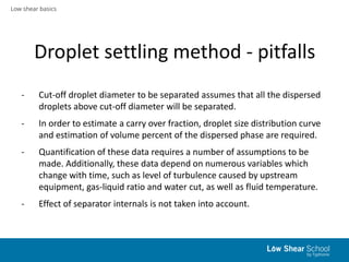 Low shear basics
Droplet settling method - pitfalls
- Cut-off droplet diameter to be separated assumes that all the dispersed
droplets above cut-off diameter will be separated.
- In order to estimate a carry over fraction, droplet size distribution curve
and estimation of volume percent of the dispersed phase are required.
- Quantification of these data requires a number of assumptions to be
made. Additionally, these data depend on numerous variables which
change with time, such as level of turbulence caused by upstream
equipment, gas-liquid ratio and water cut, as well as fluid temperature.
- Effect of separator internals is not taken into account.
 